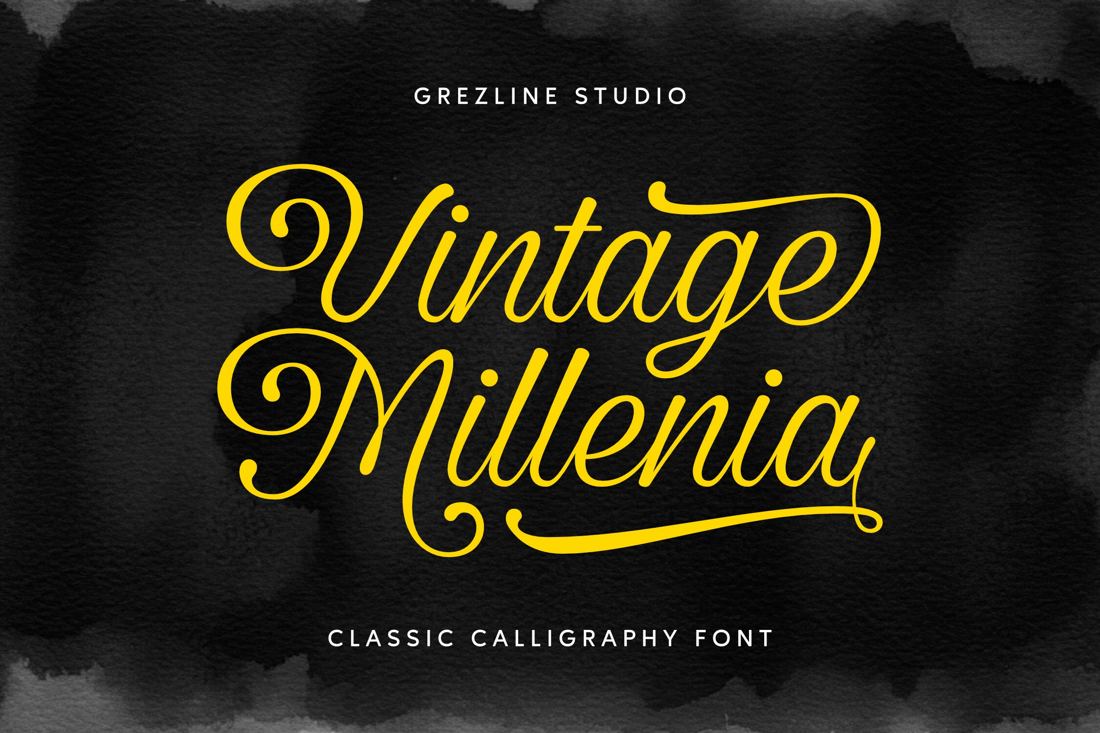 Vintage Millenia Font preview in bright yellow calligraphy with smooth swashes and curled capitals