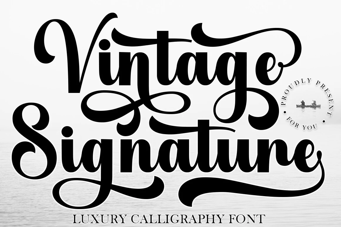 Vintage Signature Font preview with bold black calligraphy, high contrast strokes, and sweeping swashes