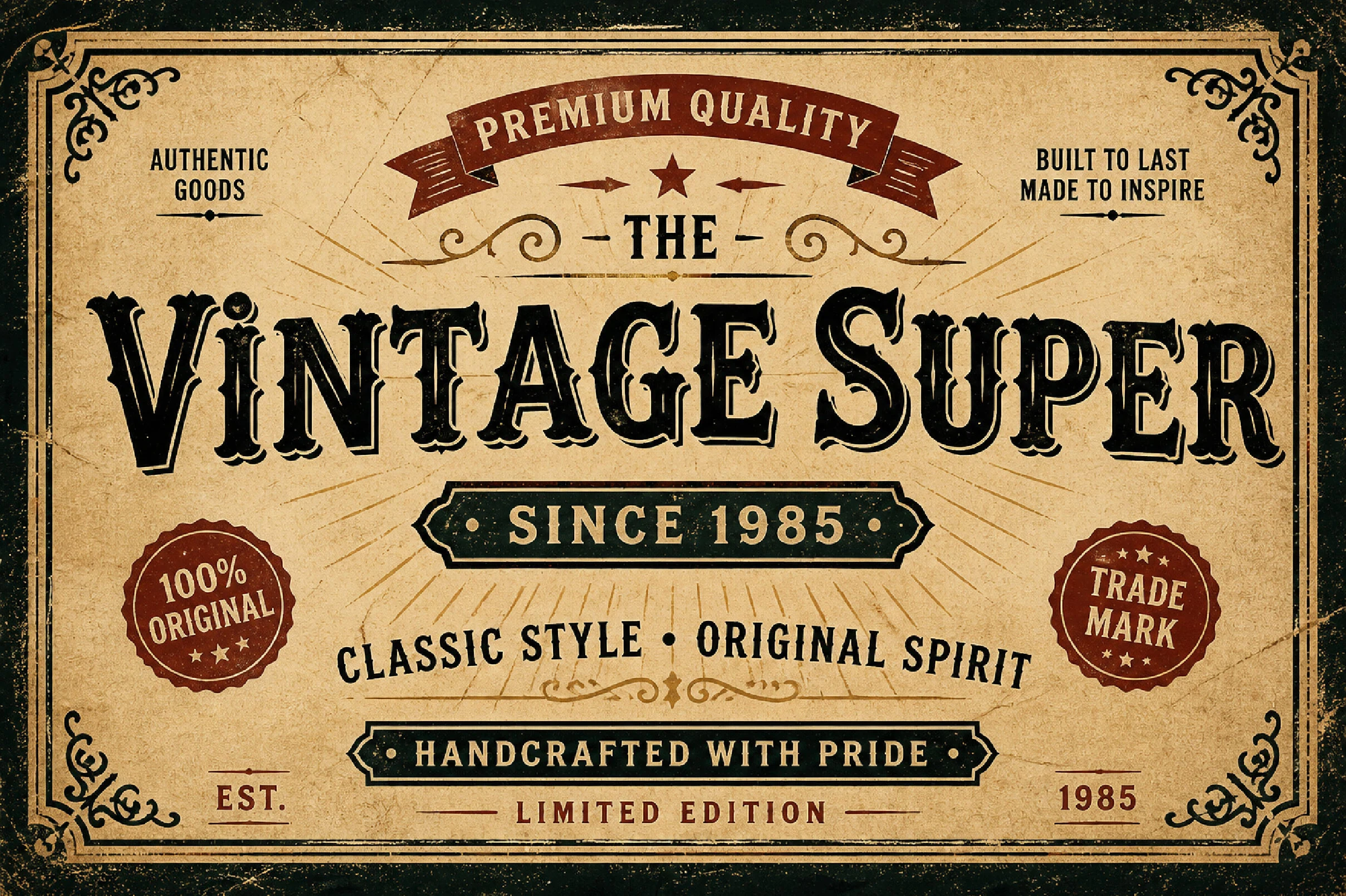 Vintage Super Font preview with ornate bold vintage serif lettering on a distressed label-style design