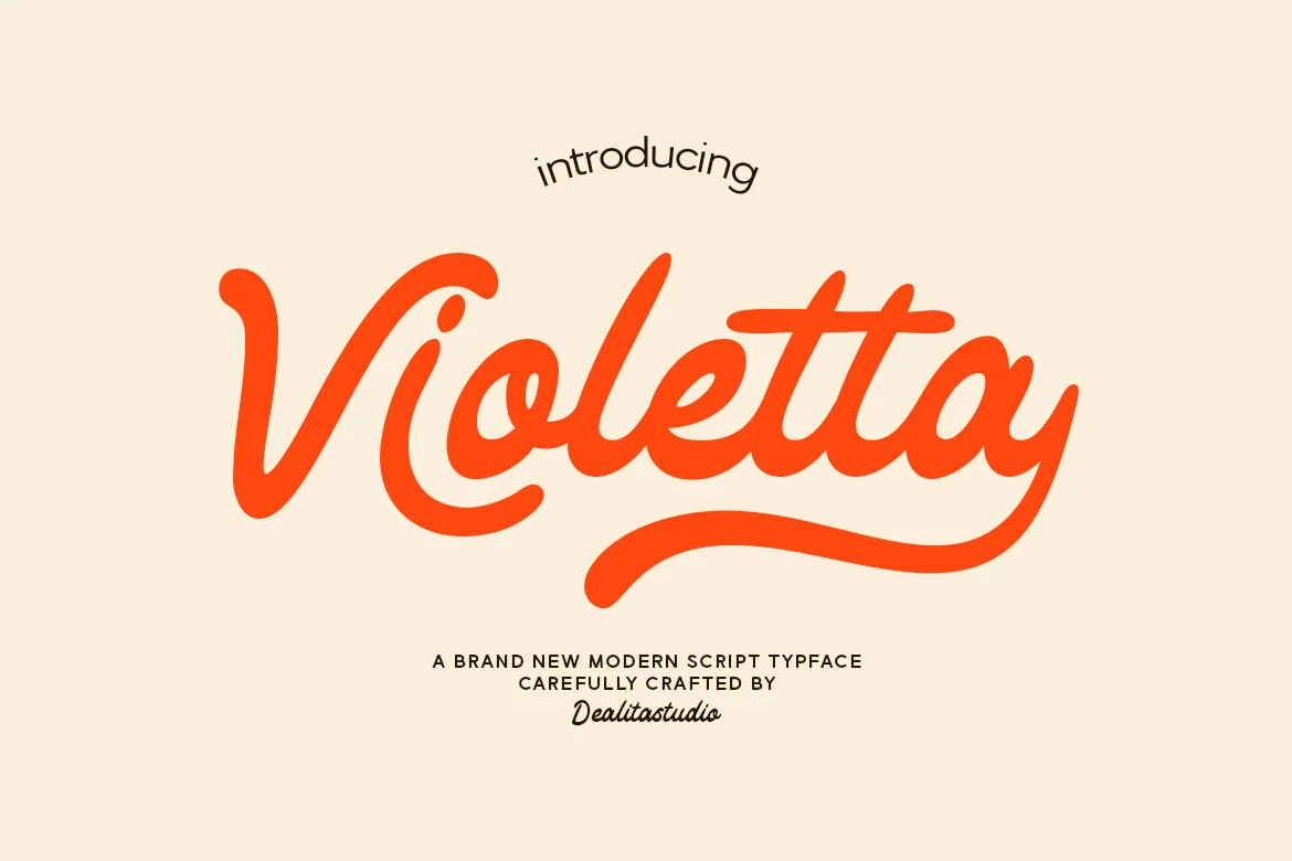 Violetta Font preview with bold orange retro script lettering and a long underline swash