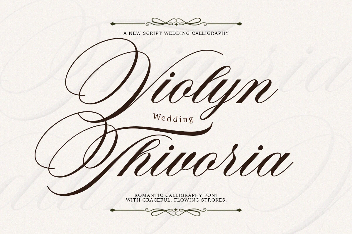 Violyn Wedding Thivoria Font preview with ornate high-contrast calligraphy, long swashes, and flowing script letters