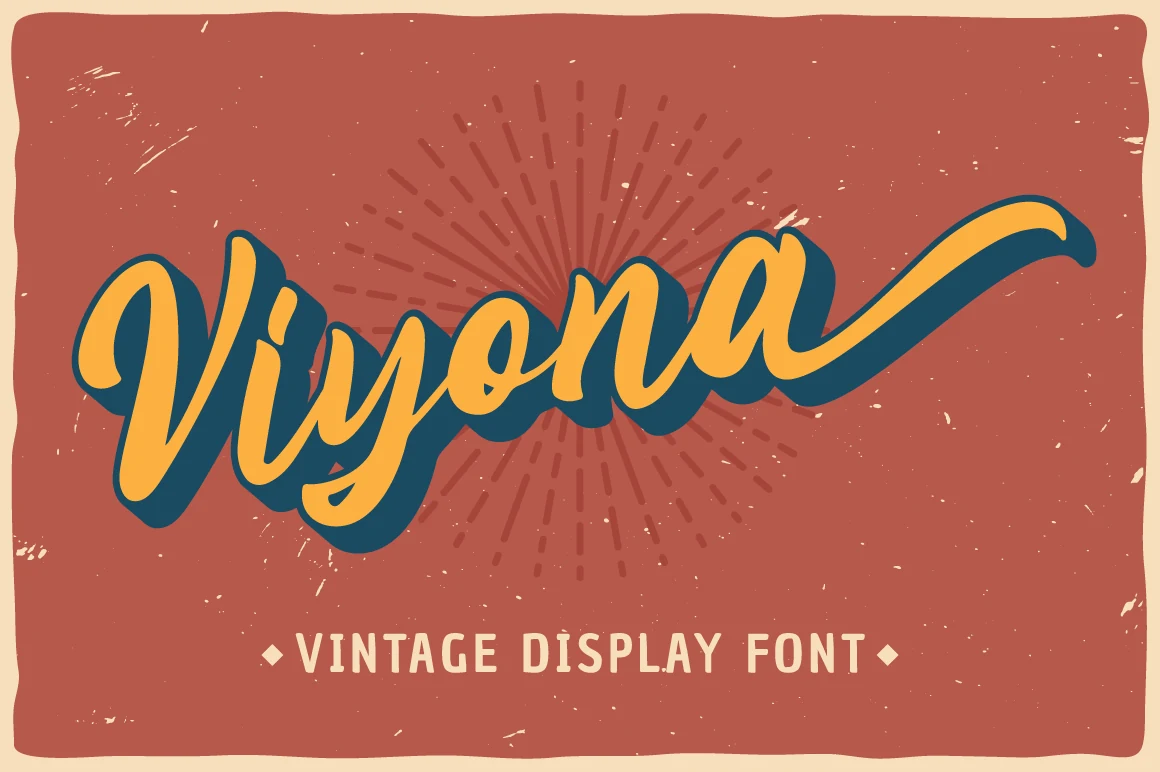 Viyona Font preview in bold yellow retro script with blue shadow and long swash