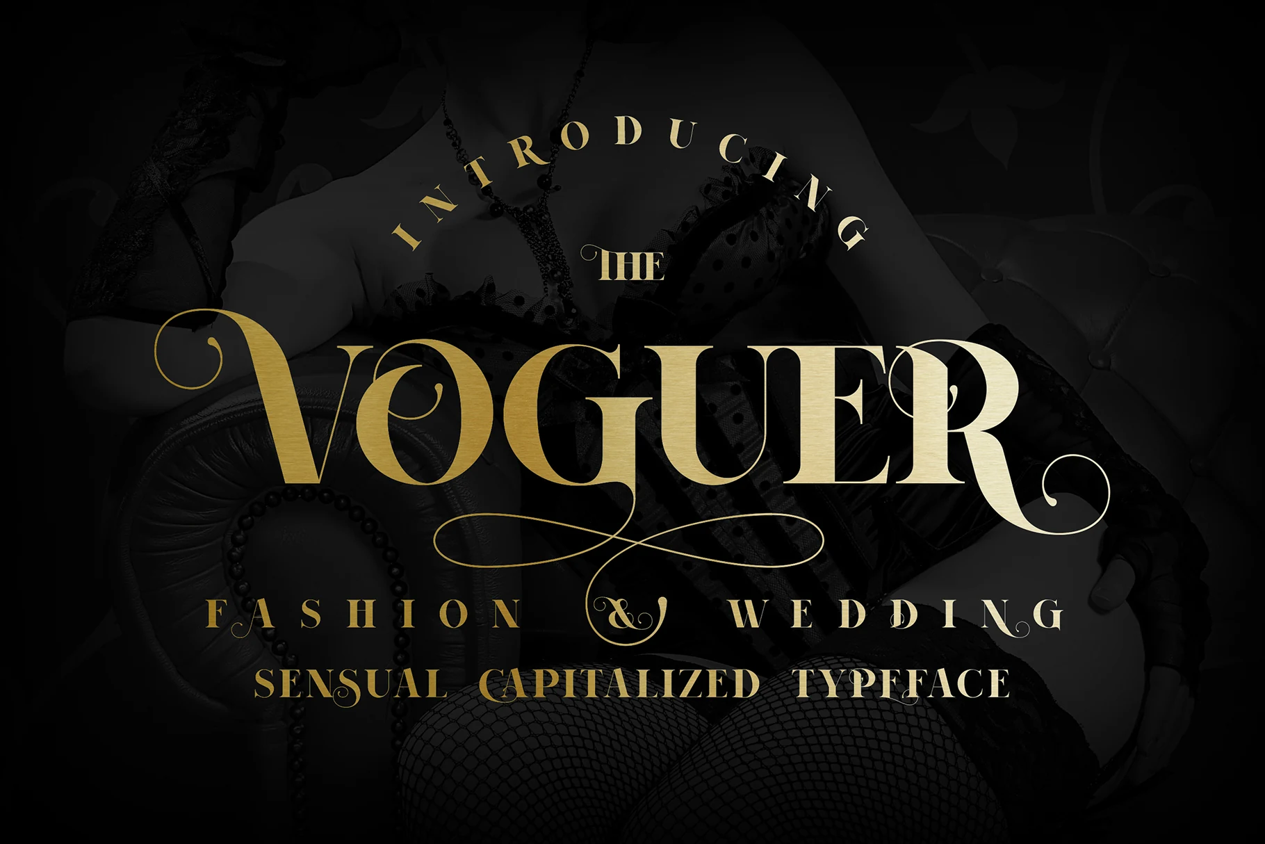 Voguer Font preview with elegant high-contrast serif letters and long curling terminals in gold