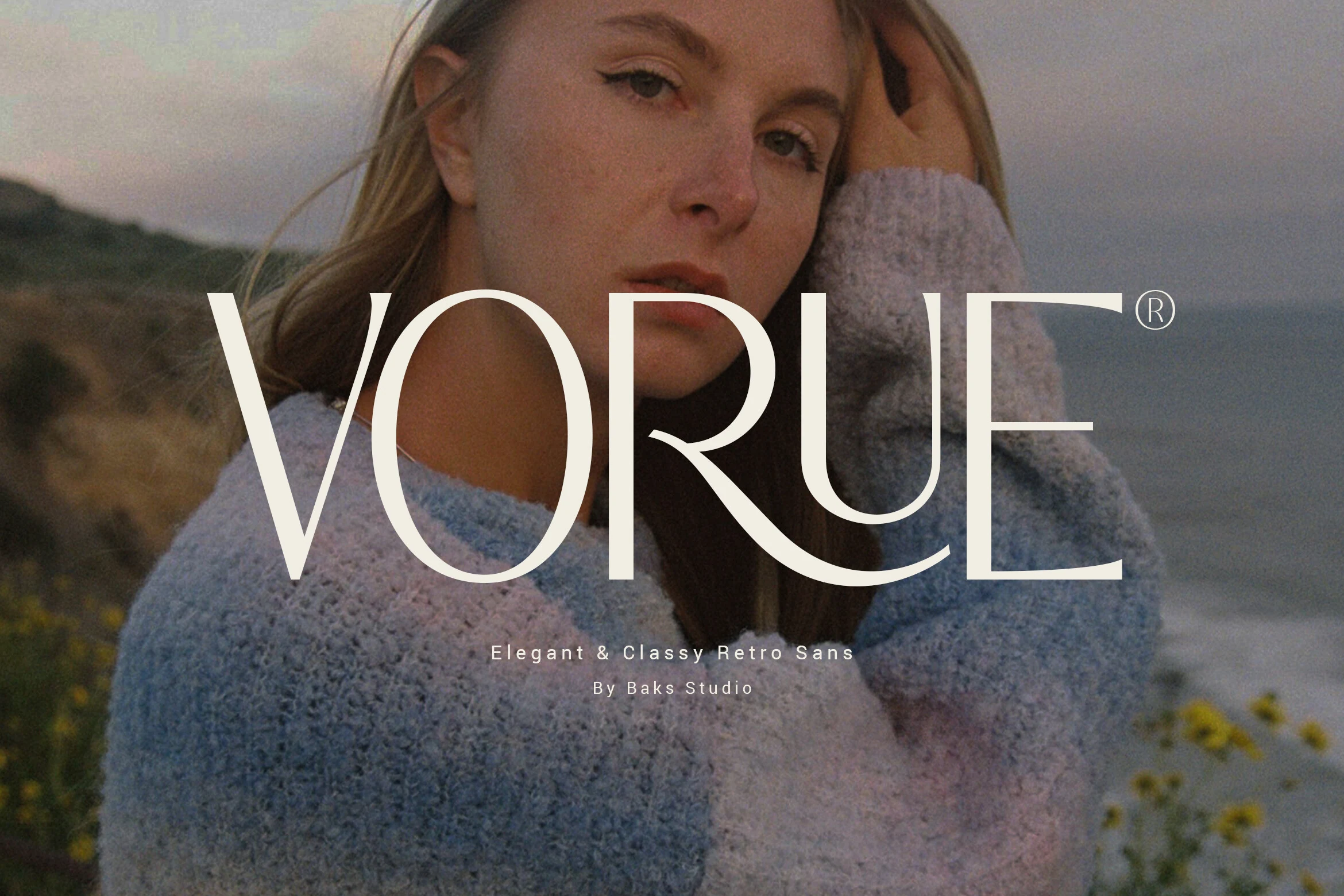Vorue Font preview in elegant high-contrast retro sans serif lettering