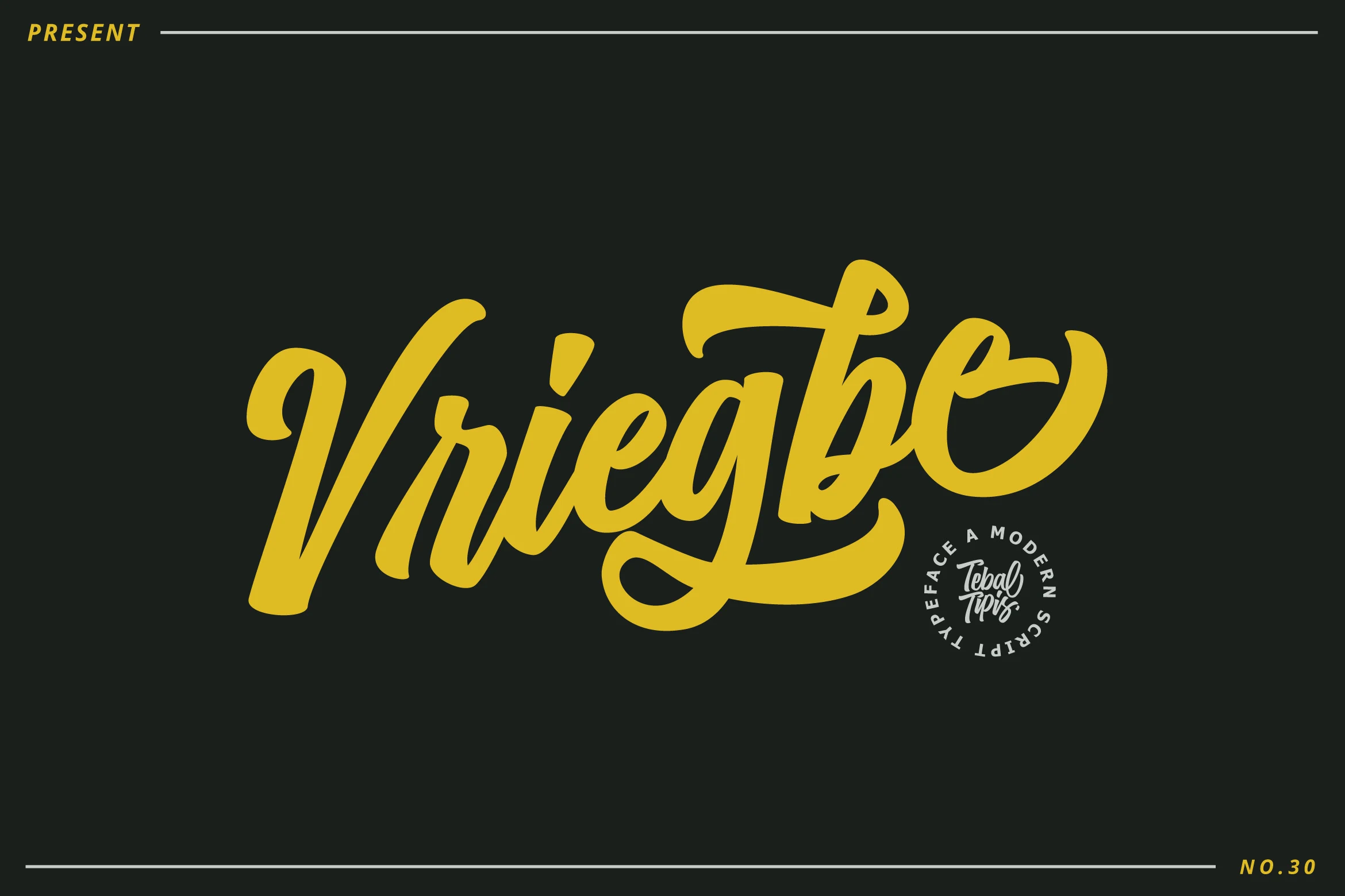 Vriegbe Font preview with bold yellow retro script lettering and looping swashes