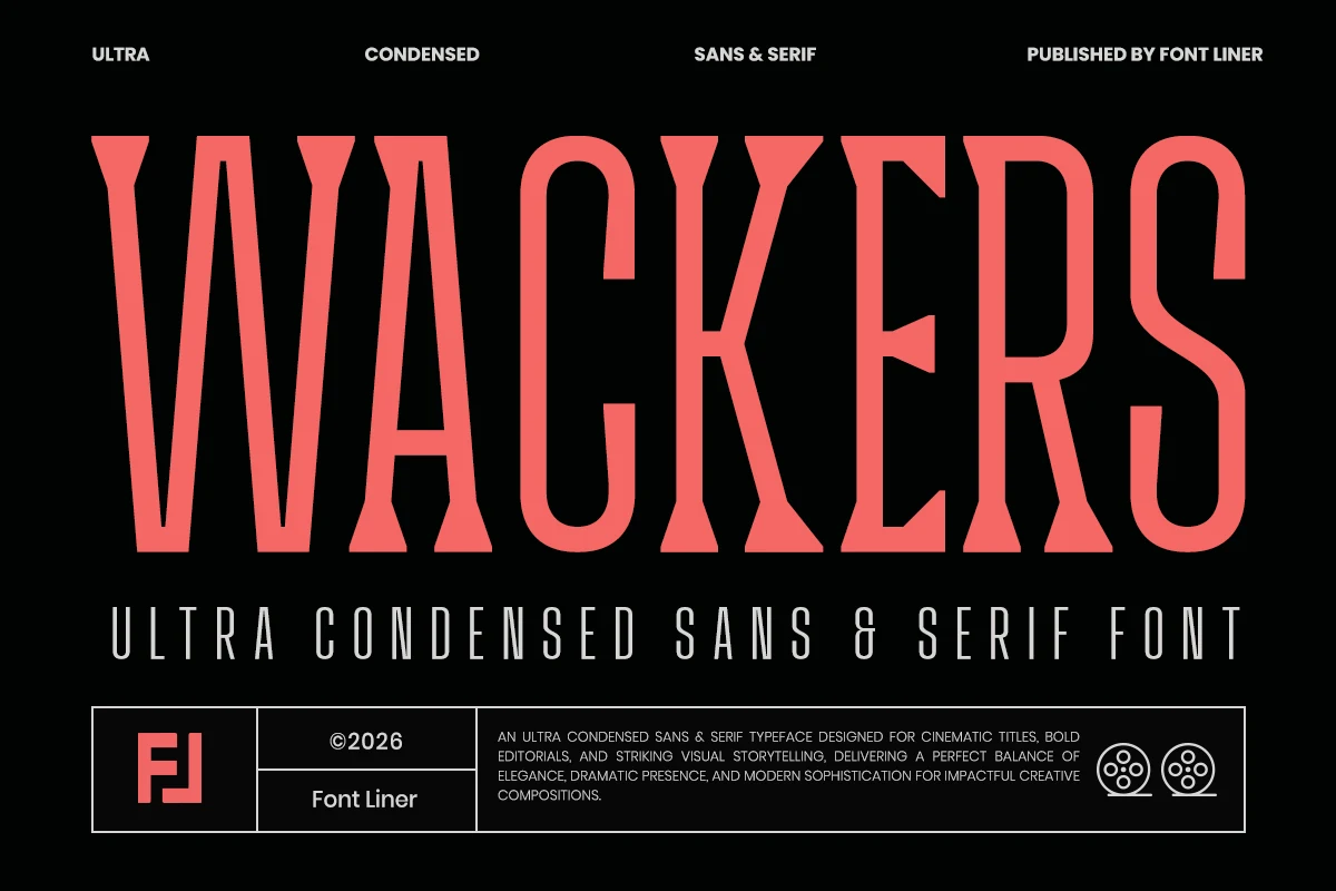Wackers Font preview with ultra condensed coral lettering and tall all-caps forms