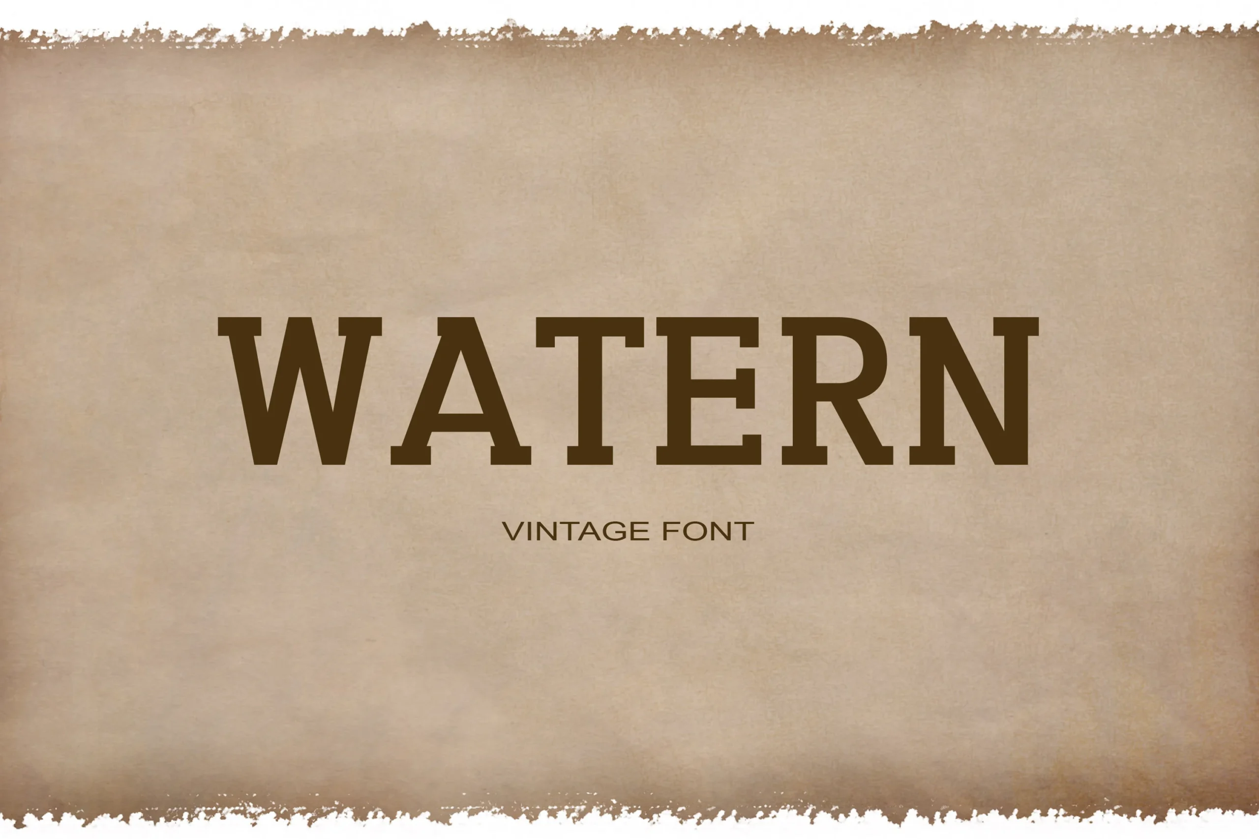 Watern Font preview with bold brown western serif lettering on distressed beige paper