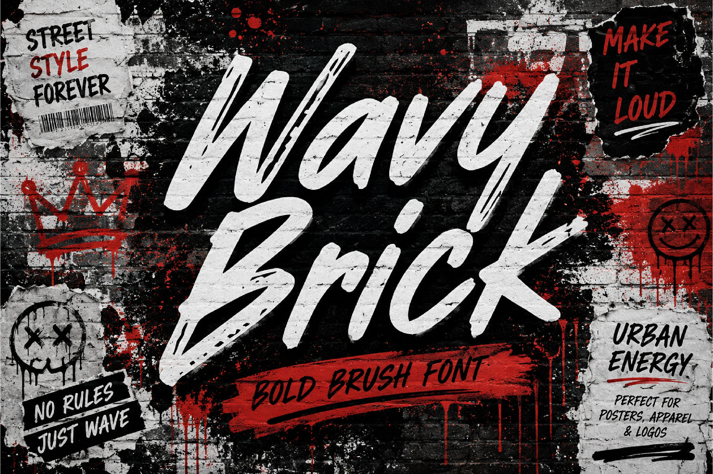 Wavy Brick Font rough white brush script with bold angled strokes