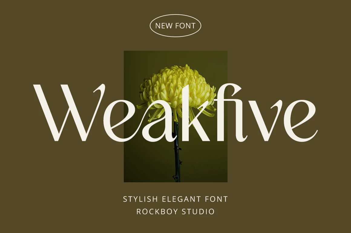 Weakfive Font preview with elegant cream serif lettering, high-contrast curves, and floral display styling