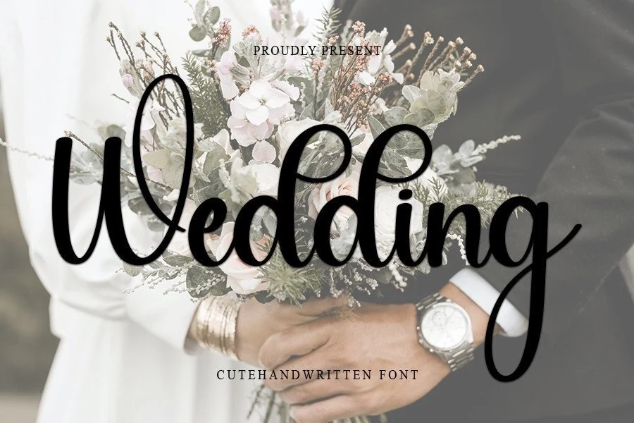 Wedding Font preview in black neat handwritten script with rounded strokes and a long looped descender