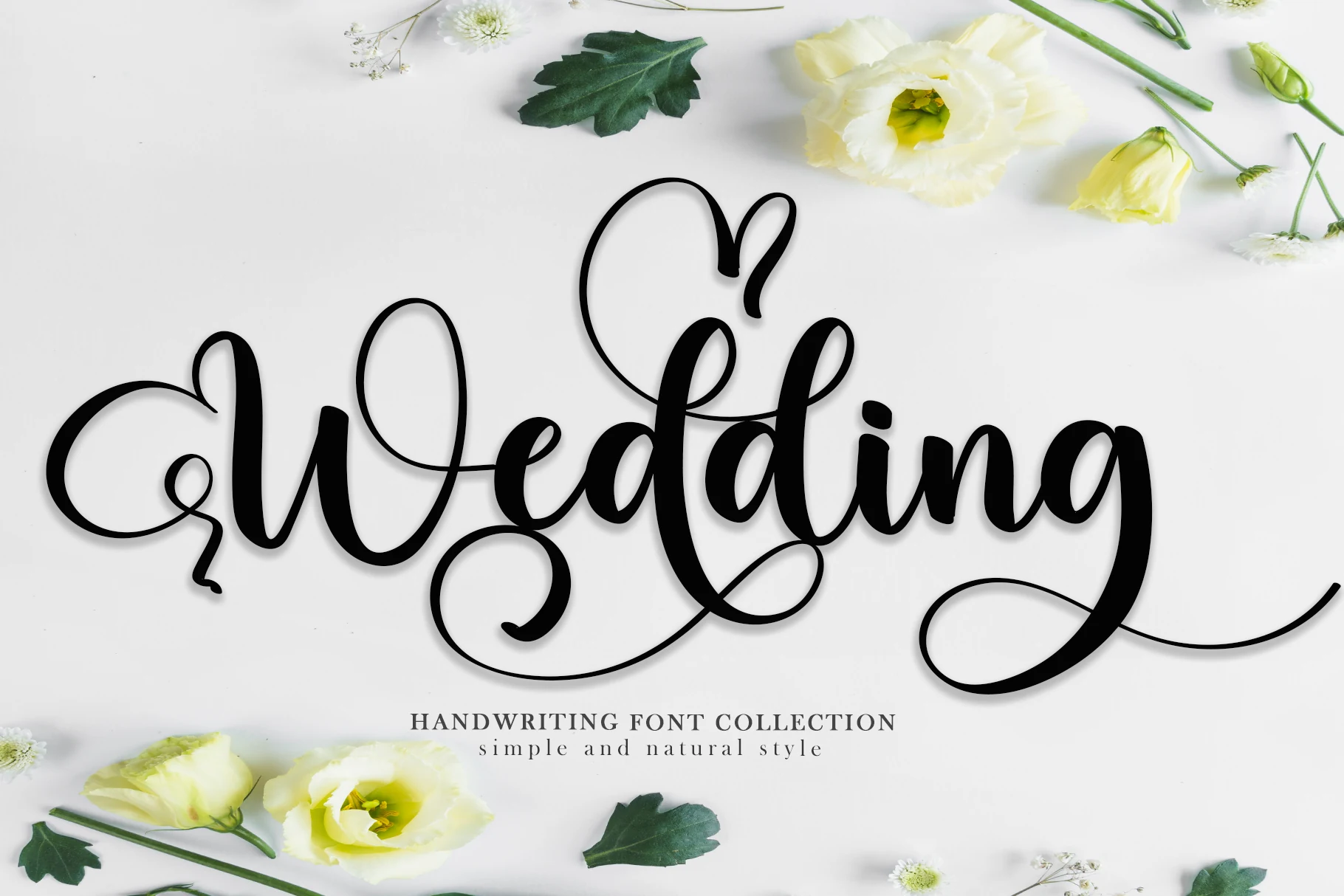 Wedding Font preview with bold handwritten script, looping swashes, and long flowing tails