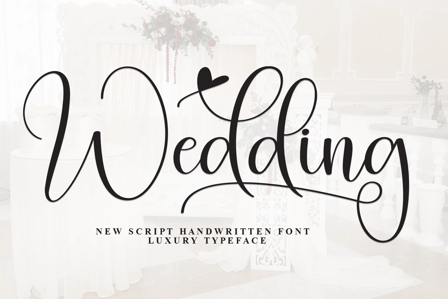 Wedding Font preview in bold black flowing script with rounded loops