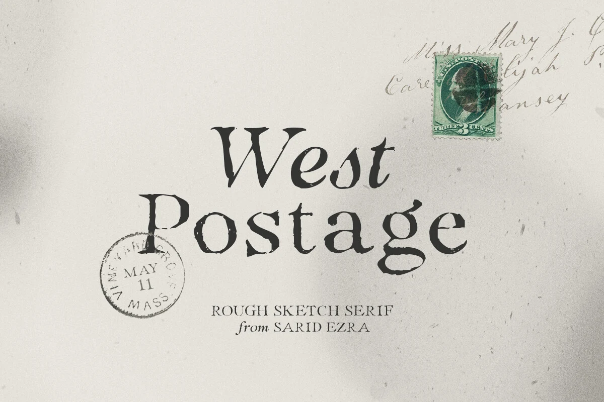 West Postage Font preview with rough sketch serif lettering, distressed edges, and vintage postcard style