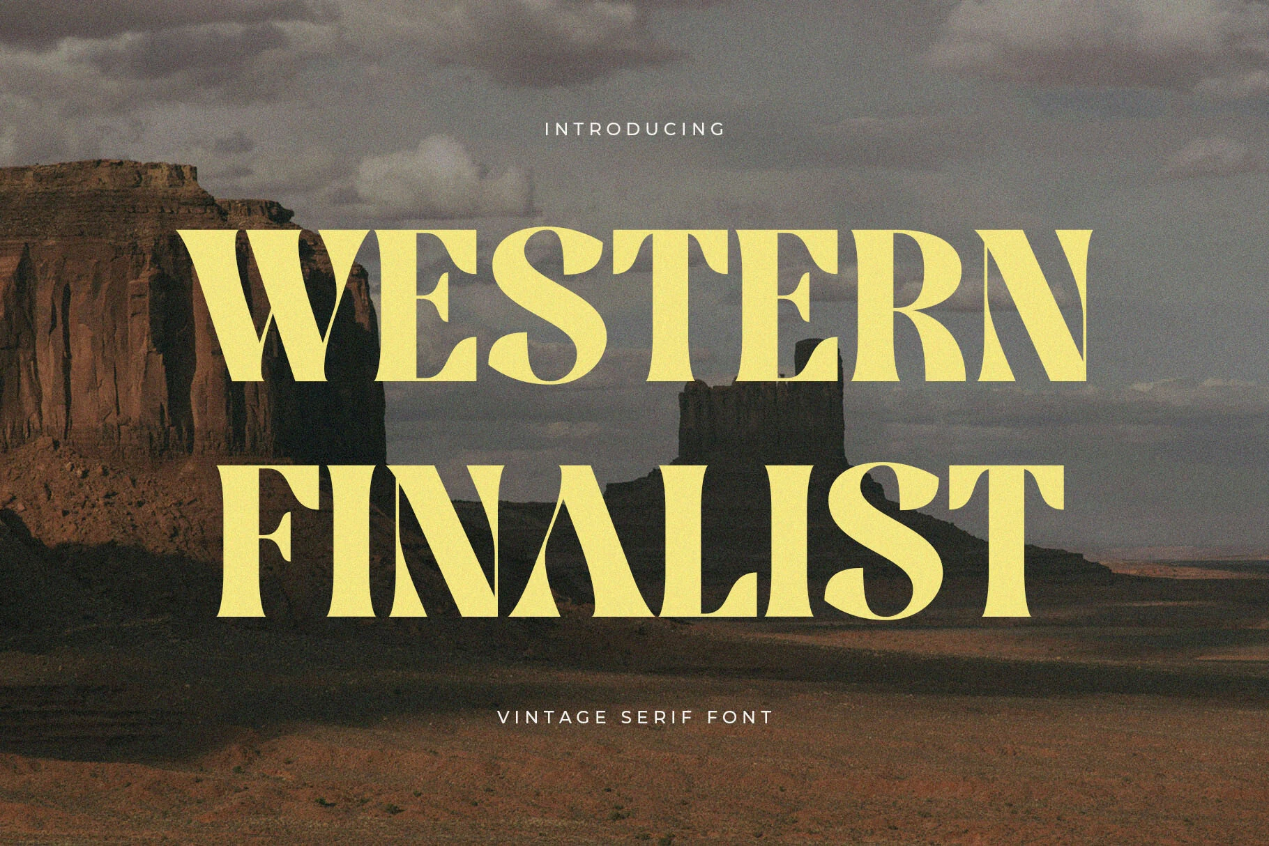 Western Finalist Font preview with bold cream western serif lettering over a desert landscape