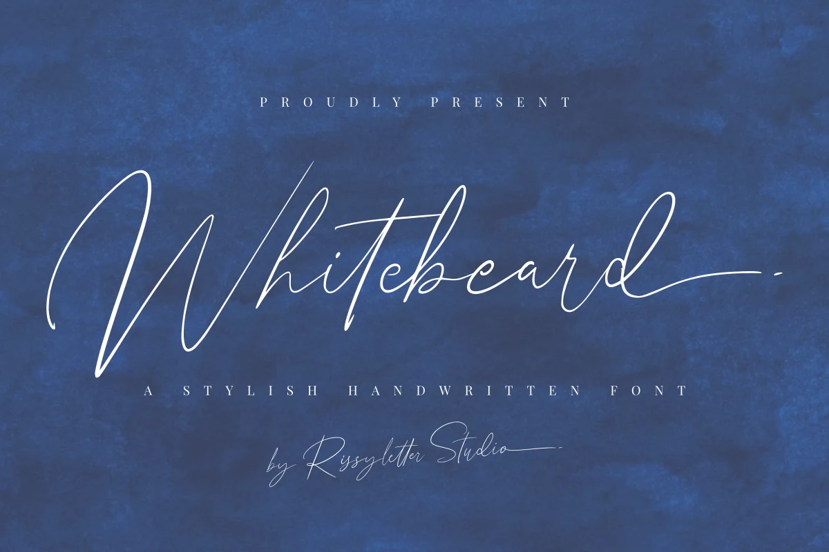 Whitebeard Font preview in thin white handwritten script with long sweeping signature strokes