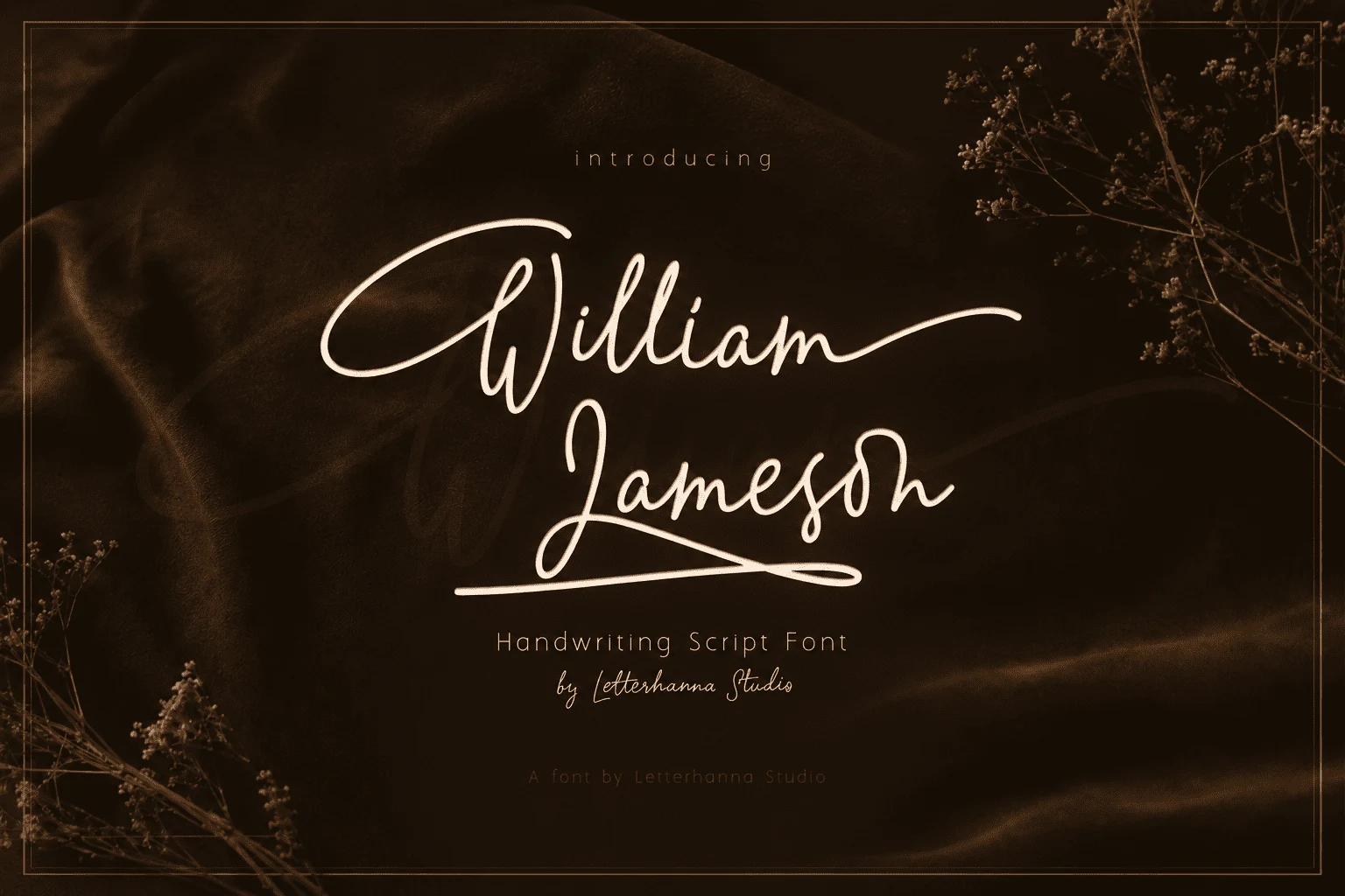 William Jameson Font preview showing cream monoline signature script with rounded letters and long swashes