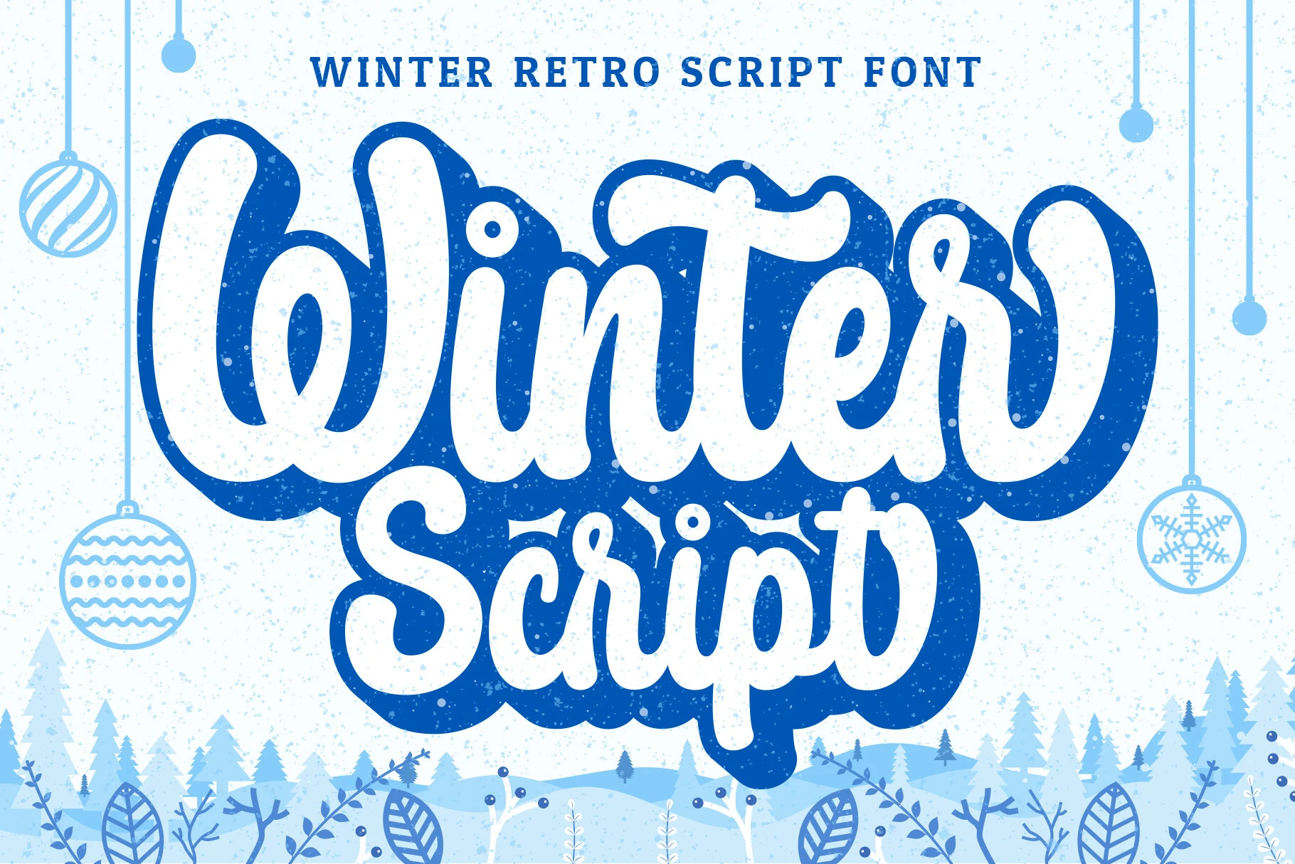 Winter Script Font preview with bold layered blue retro script lettering and white fill