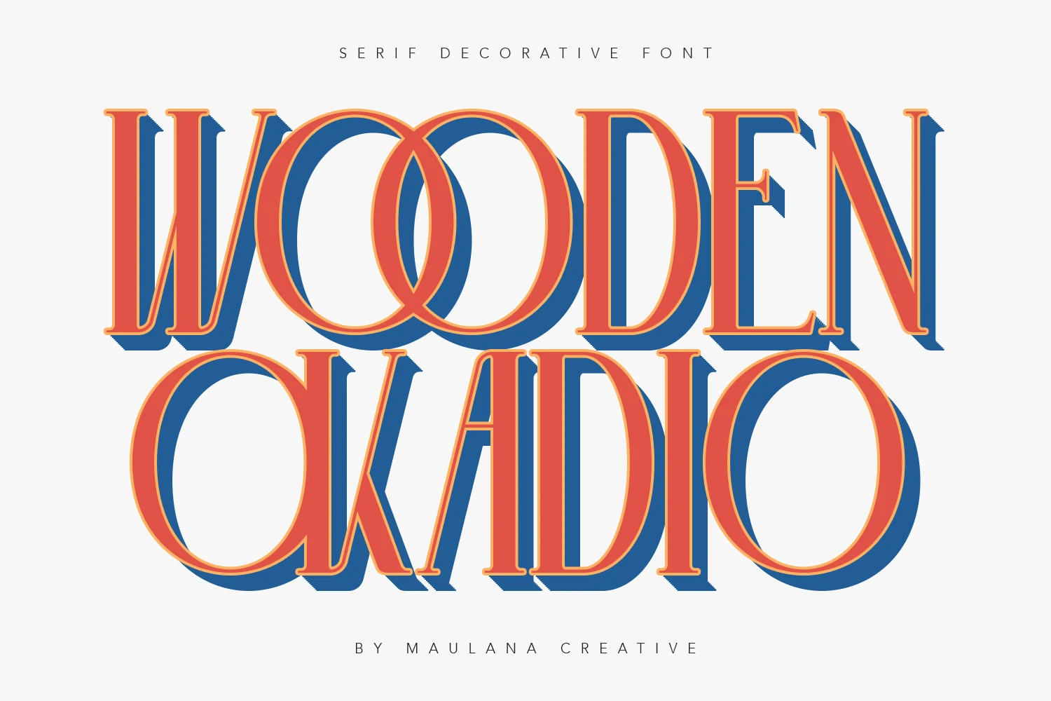 Wooden Okadio Font preview with bold layered vintage serif lettering in orange and blue