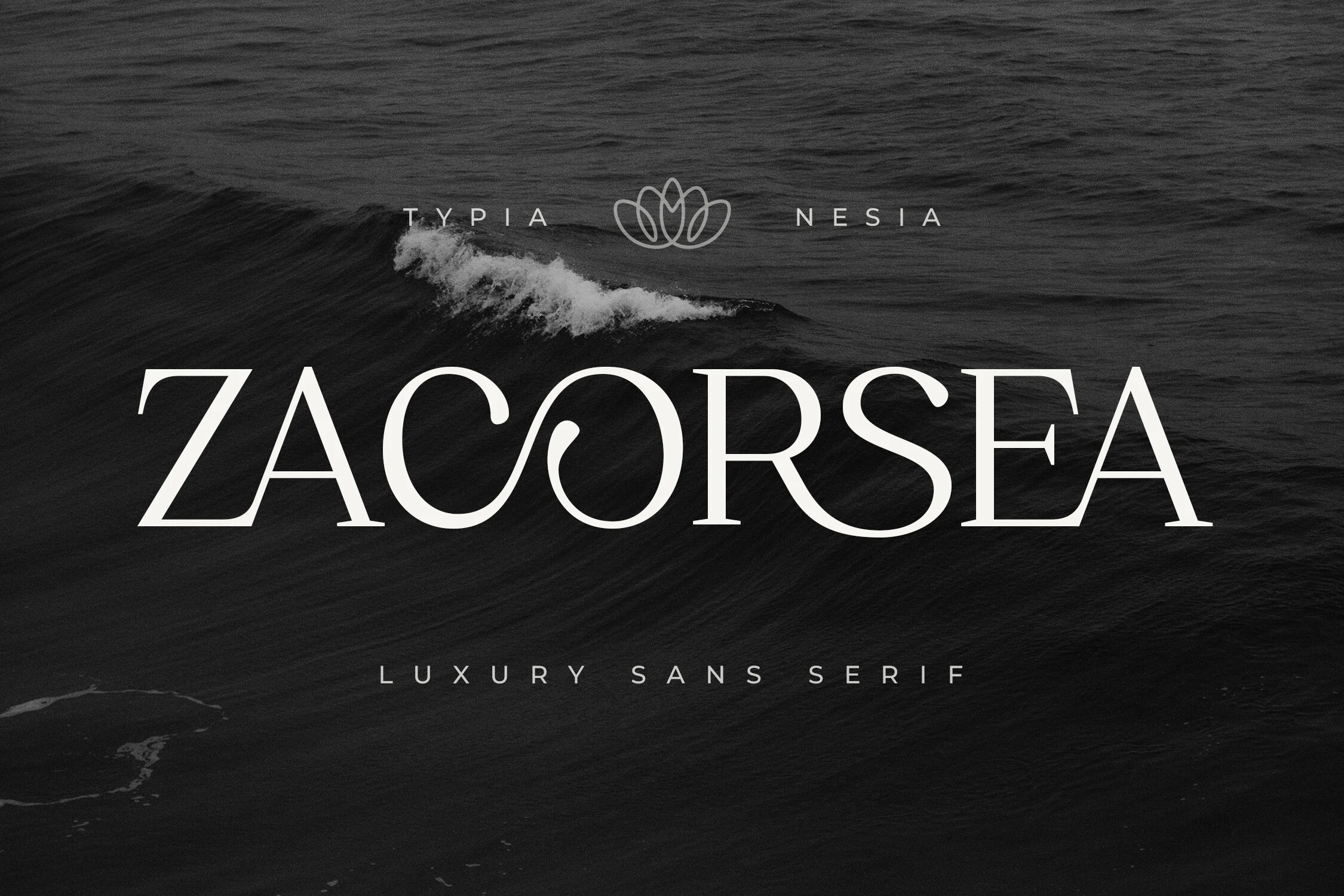 Zacorsea Font preview in elegant white serif lettering with flowing curves over a dark ocean wave