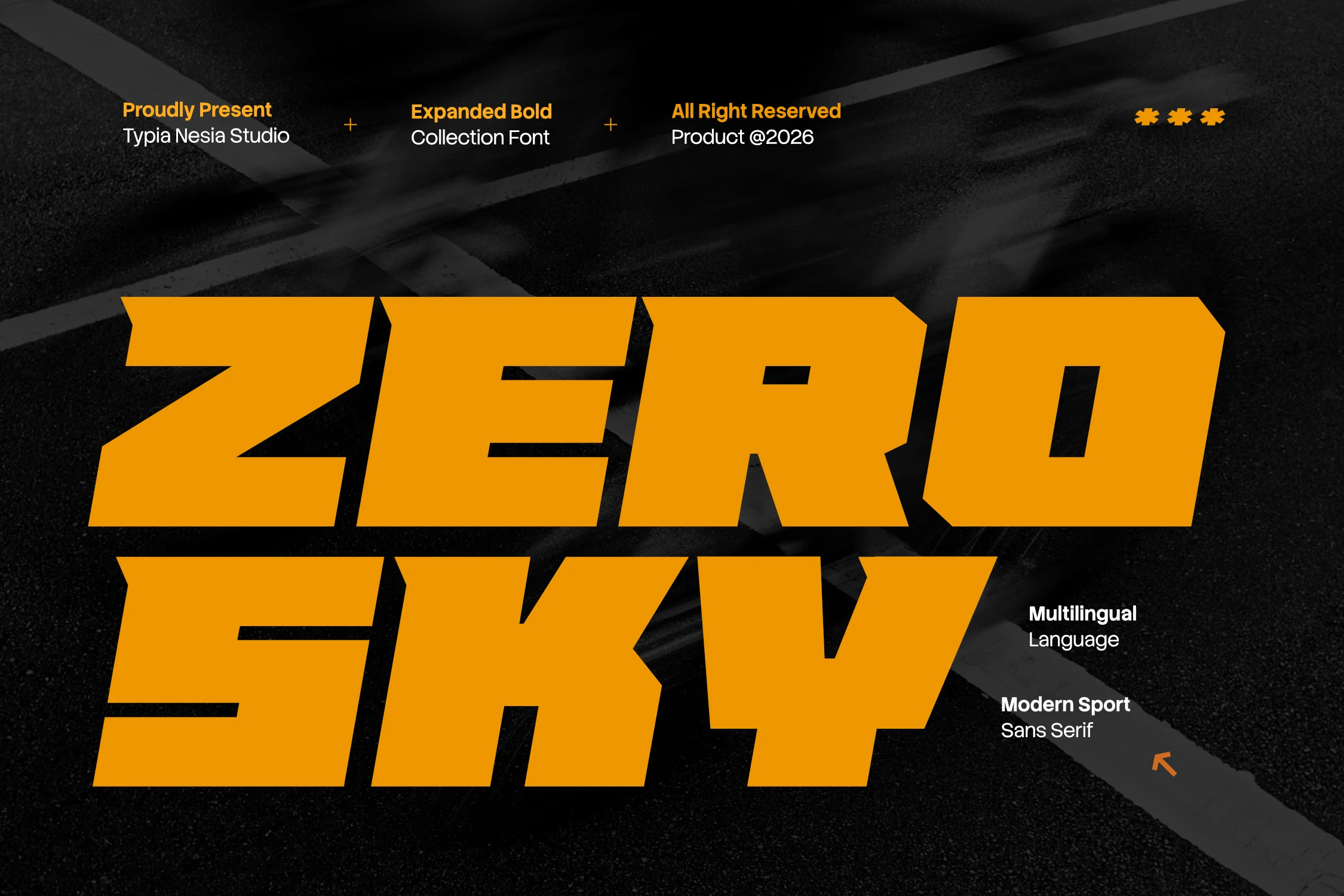 Zero Sky Font preview with expanded bold orange block lettering in a sport racing style