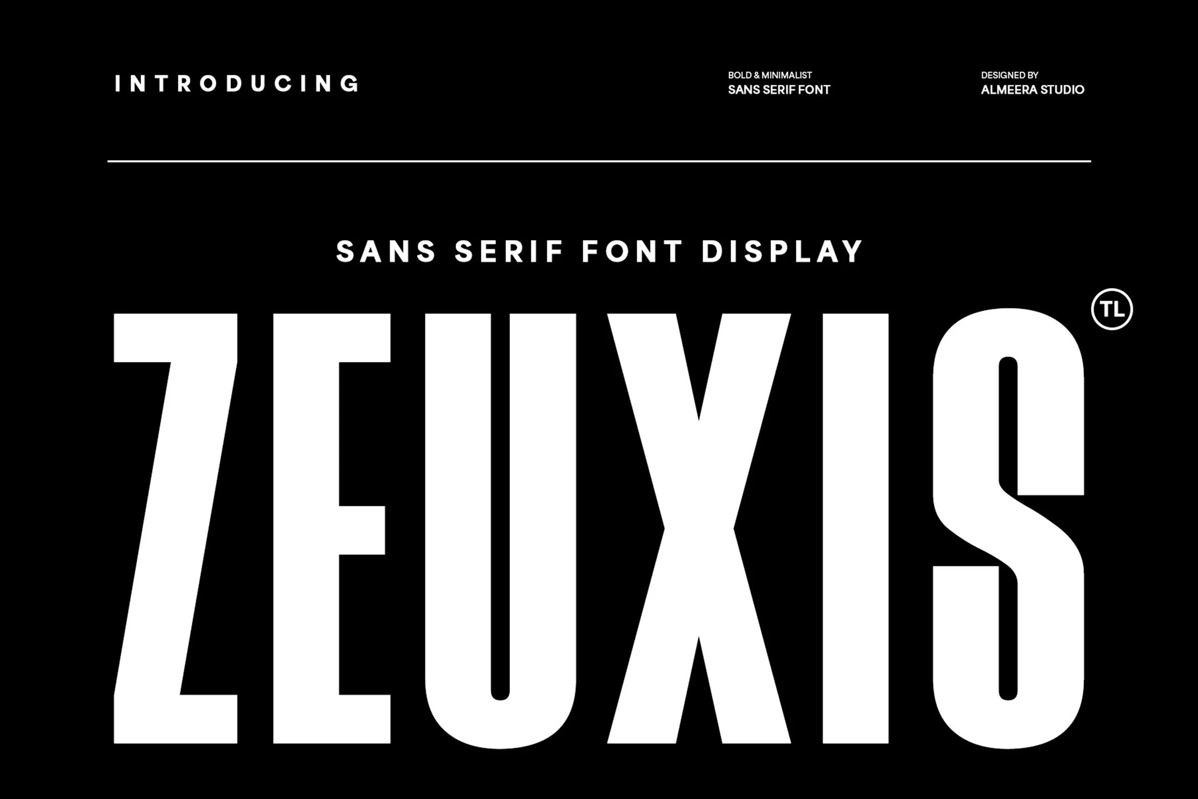 Zeuxis Font preview with ultra-bold condensed sans serif lettering in white on black