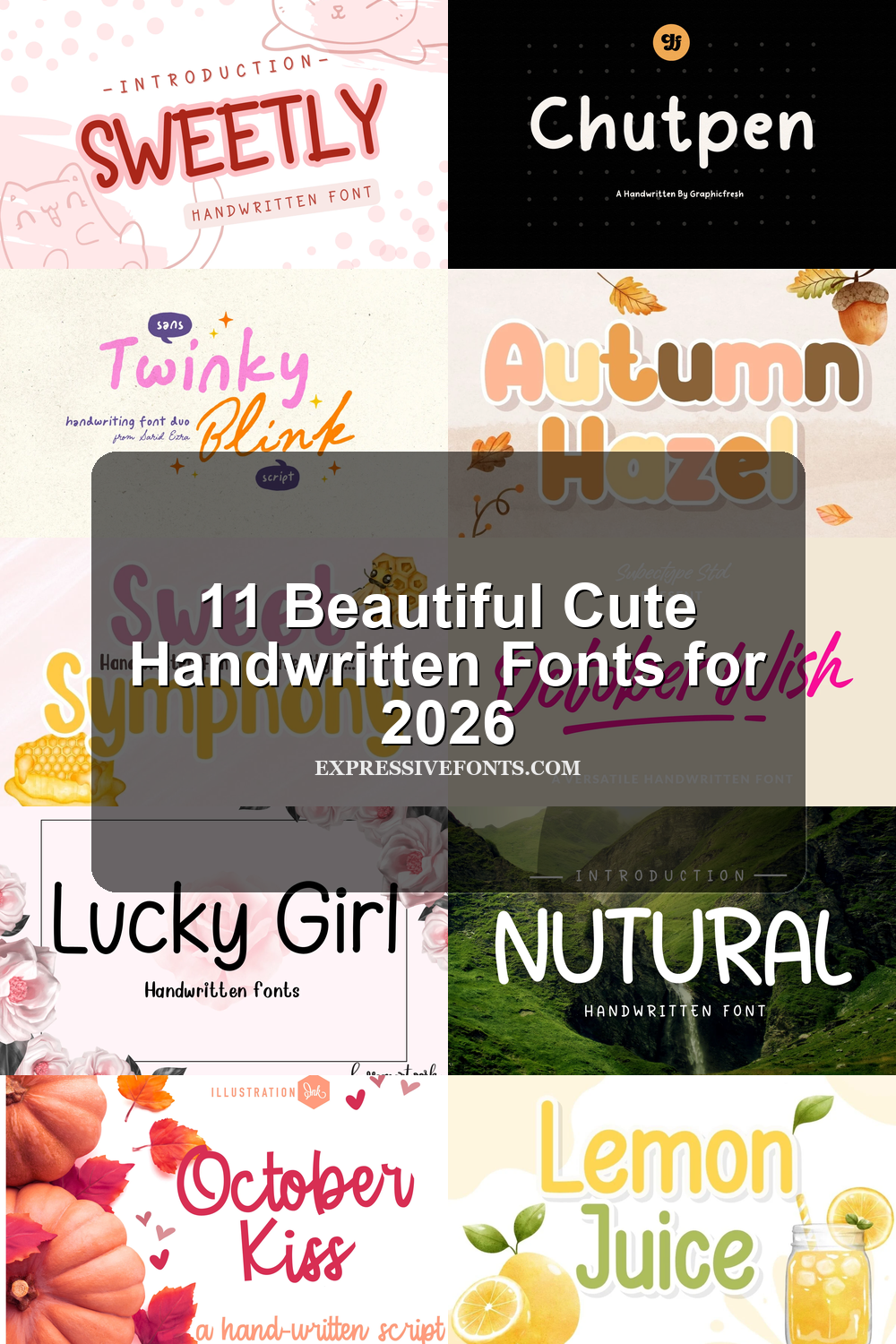 11 Beautiful Cute Handwritten Fonts for 2026 article preview collage featuring 10 font examples.