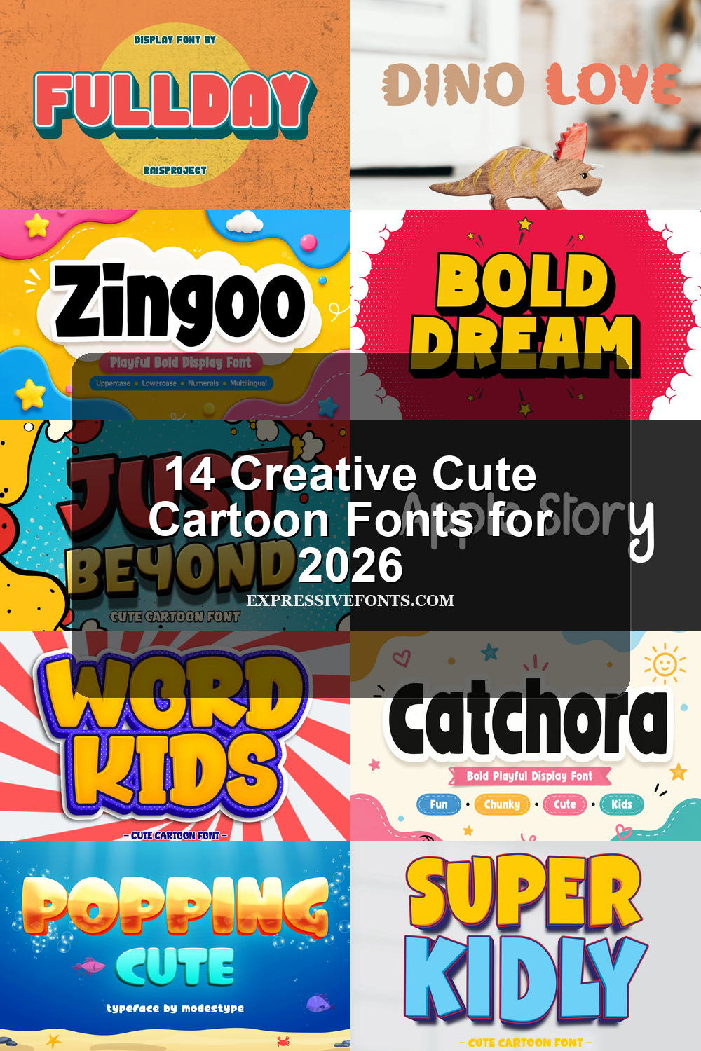 14 Creative Cute Cartoon Fonts for 2026 article preview collage featuring 10 font examples.