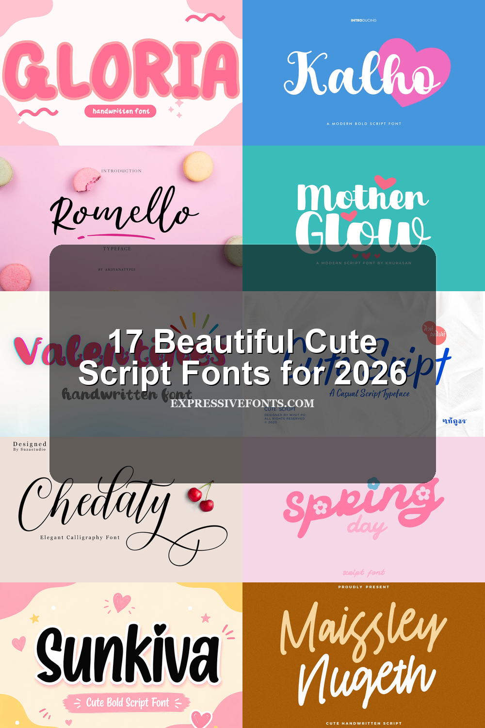 17 Beautiful Cute Script Fonts for 2026 article preview collage featuring 10 font examples.