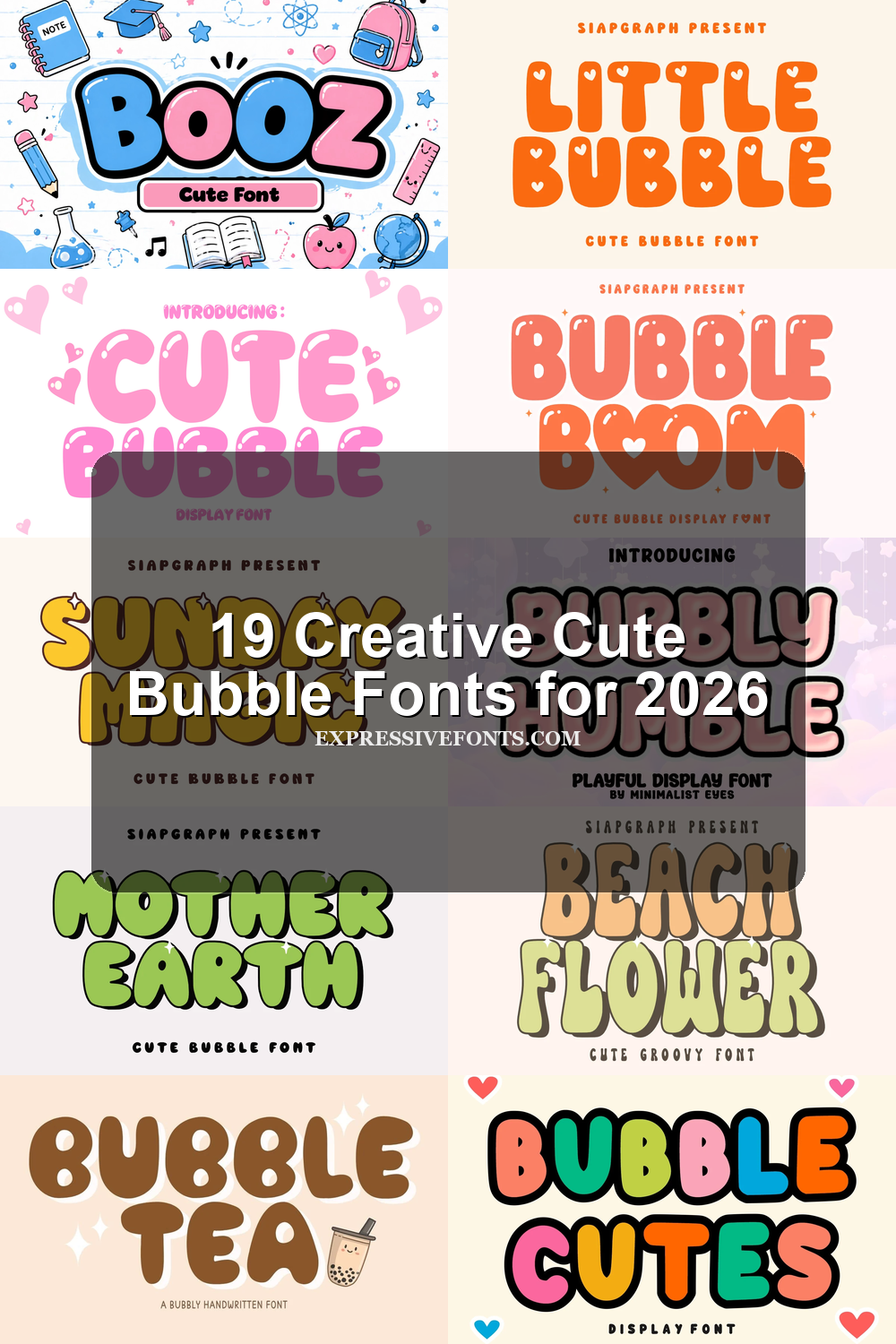 19 Creative Cute Bubble Fonts for 2026 article preview collage featuring 10 font examples.