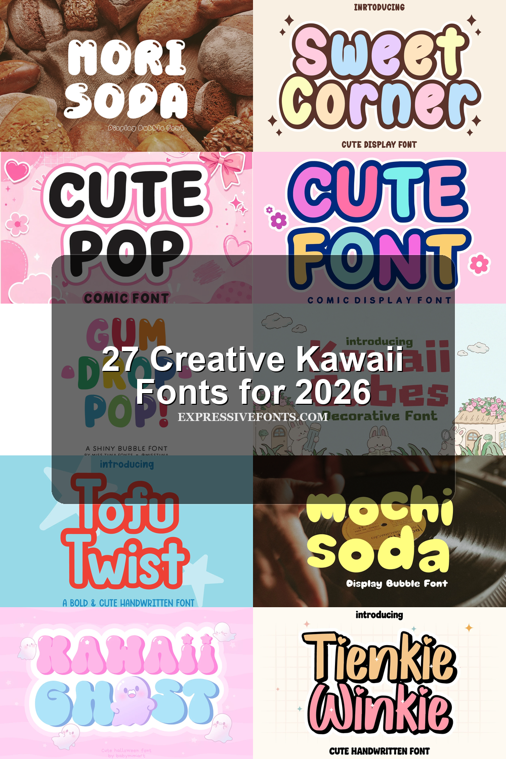 27 Creative Kawaii Fonts for 2026 article preview collage featuring 10 font examples.