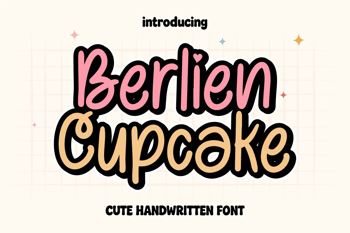 Berlien Cupcake Font shown in thick, rounded handwritten lettering with a bouncy baseline and bubbly shapes.