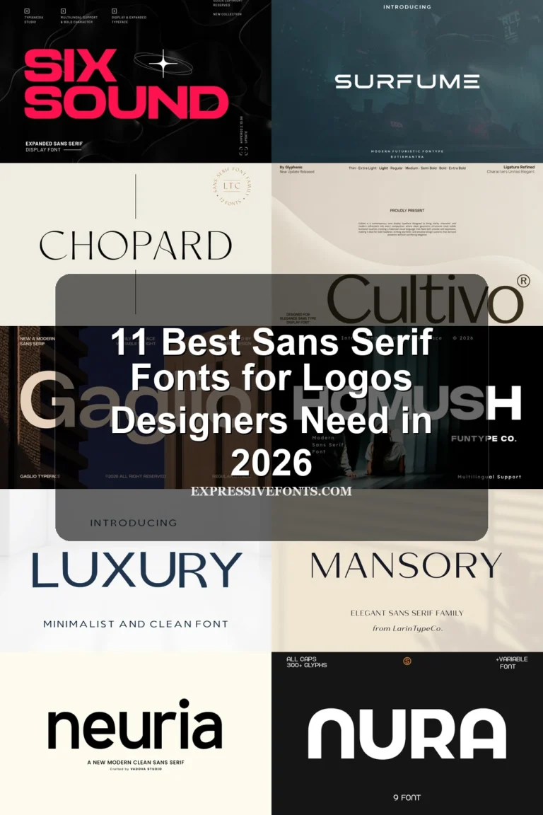 Cover image for 11 Best Sans Serif Fonts for Logos Designers Need in 2026 with previews of fonts from the article