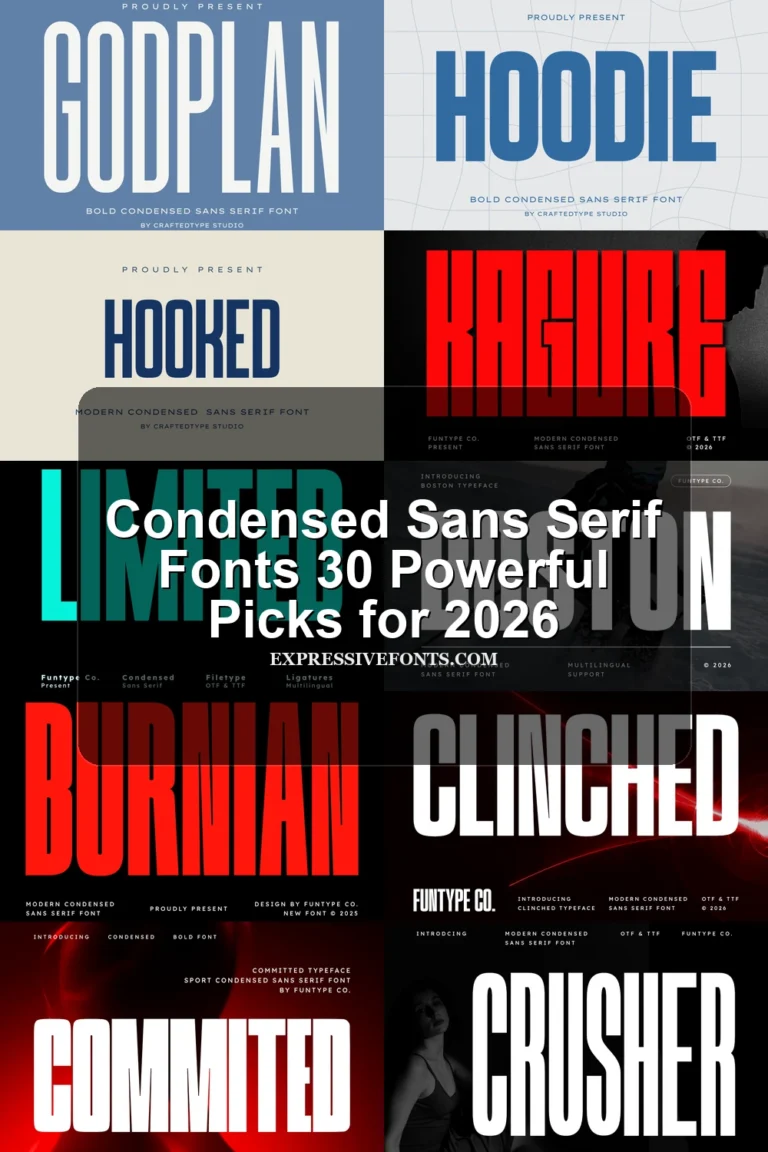 Preview collage of condensed sans serif font styles from the article Condensed Sans Serif Fonts 30 Powerful Picks for 2026