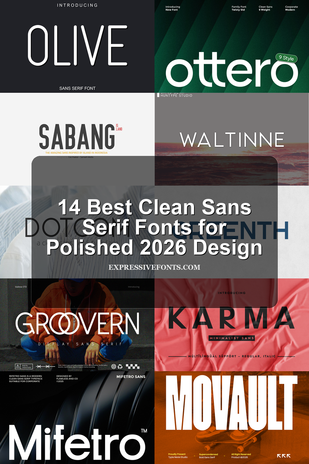 Cover image with preview samples of clean sans serif fonts from the article 14 Best Clean Sans Serif Fonts for Polished 2026 Design.