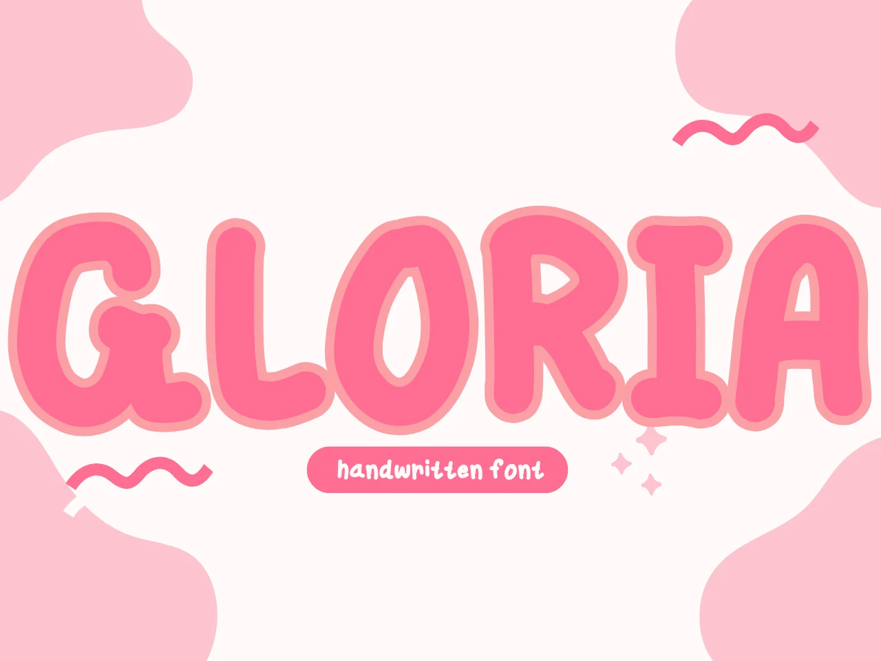 Gloria Font shown as bold uppercase bubble lettering with rounded terminals and thick monoline strokes