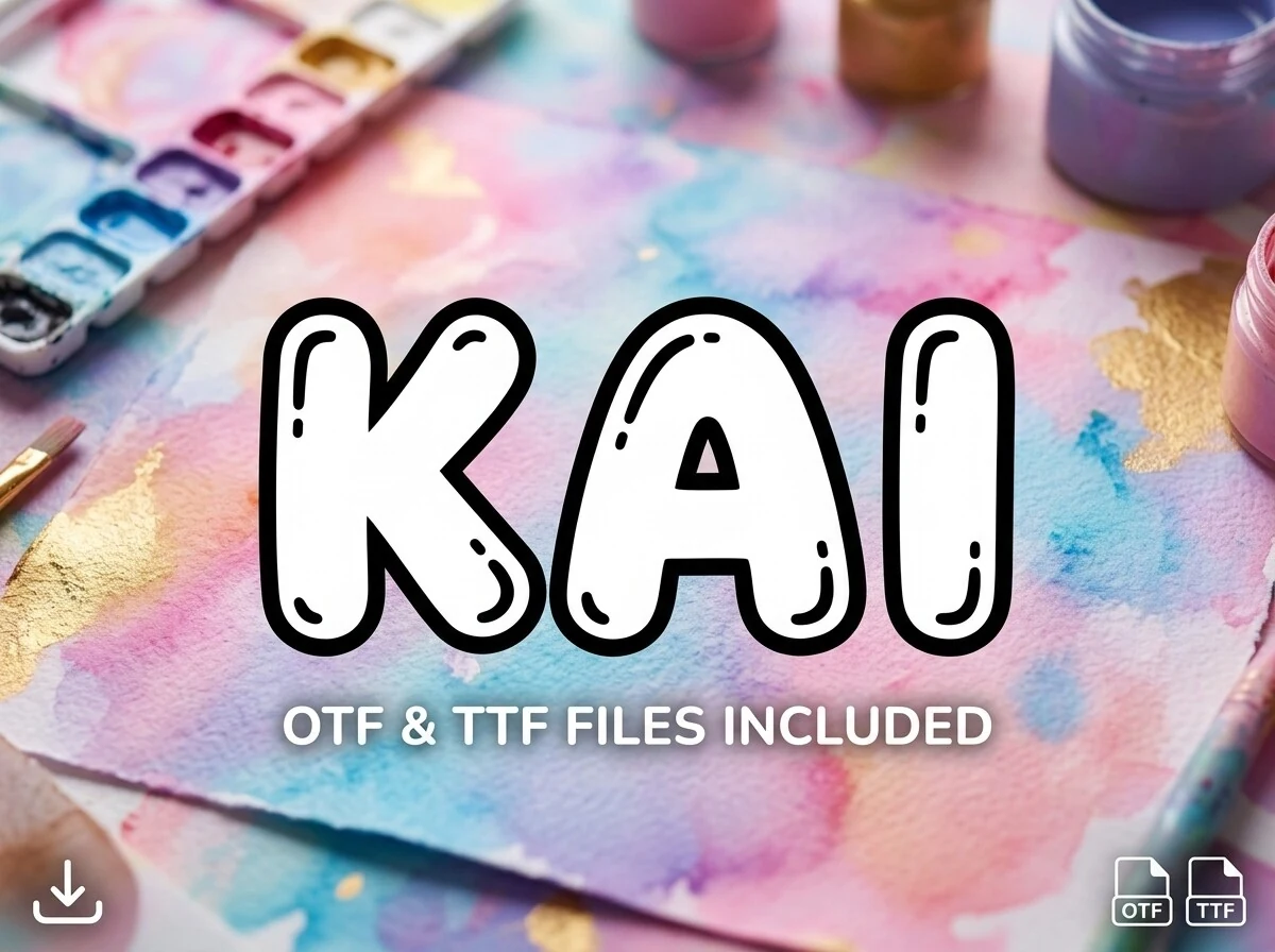 Kai Font lettering with thick rounded bubble shapes, glossy highlights, and bold black outlines