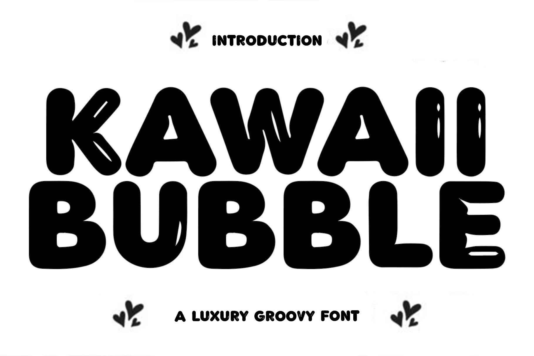 Kawaii Bubble Font preview with heavy rounded bubble letters, bulbous terminals, and white highlight accents.