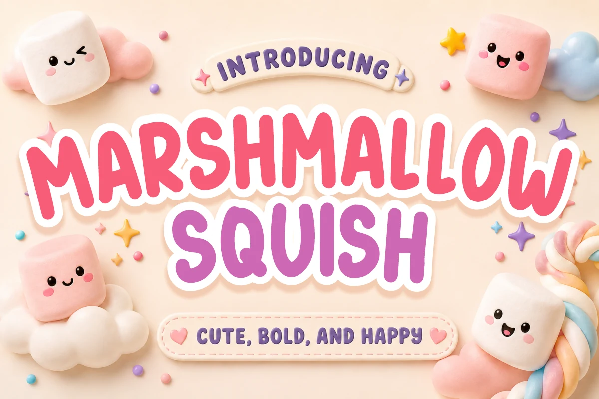 Marshmallow Squish Font in bold, rounded lettering with chunky proportions and soft bubbly curves