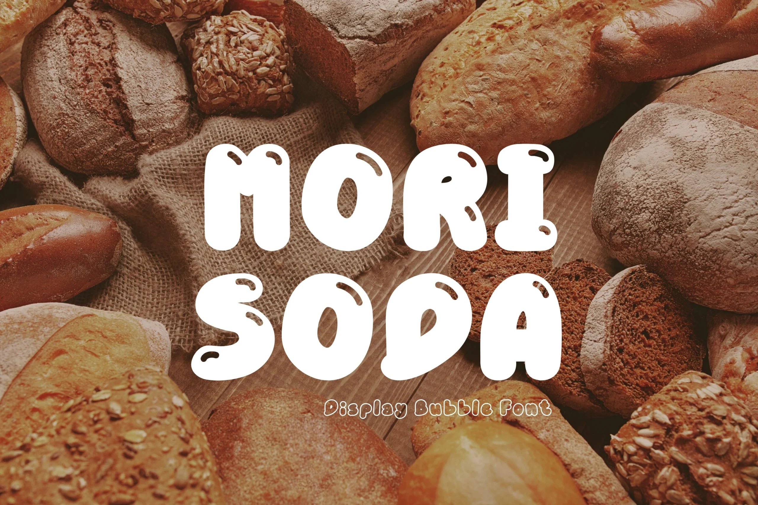Mori Soda Font in chunky rounded bubble lettering with thick strokes and compact counters