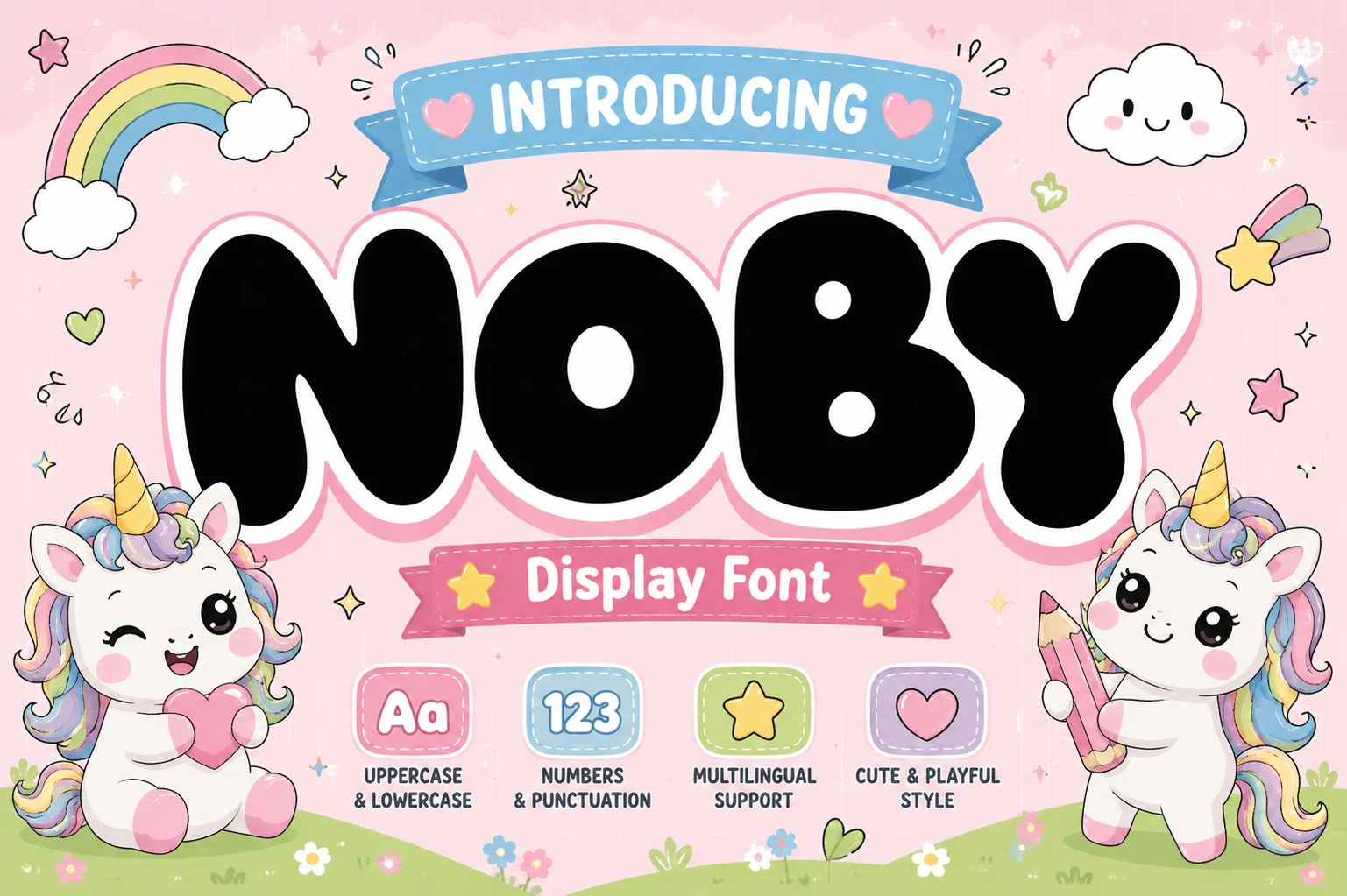 Noby Font shown in thick, rounded bubble-style lettering with soft terminals and bold proportions