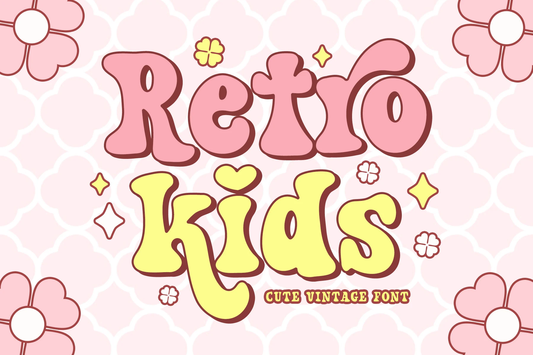 Retro Kids Font is a heavy bubble-style display font with rounded terminals and irregular groovy letterforms.