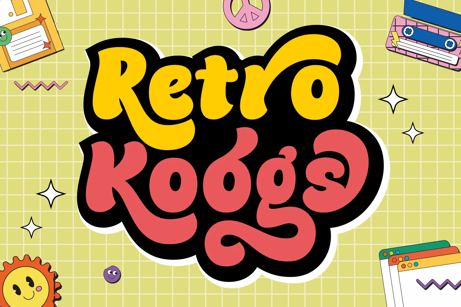 Retro Koogs Font features thick connected strokes, rounded bubbly letterforms, and an extended terminal flourish.