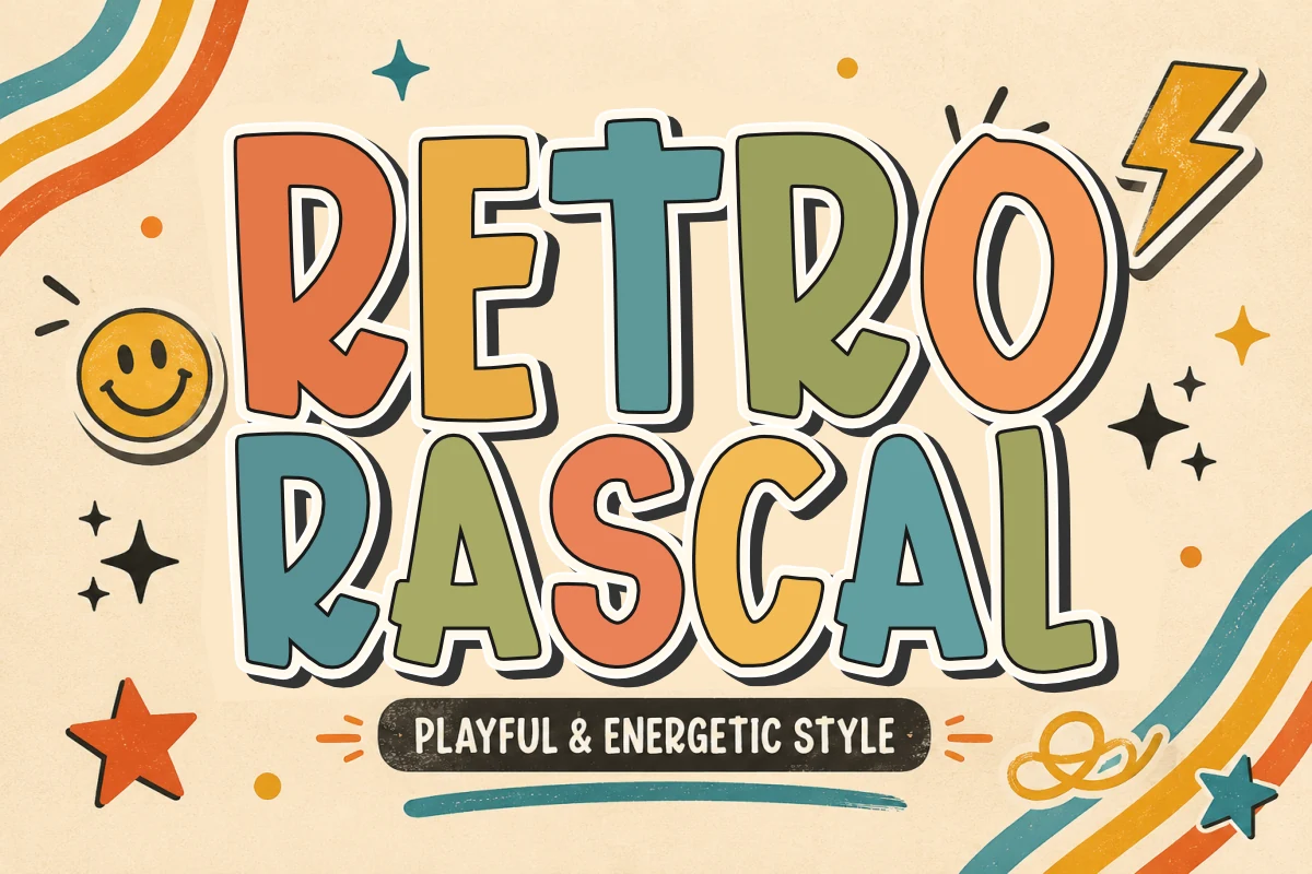 Retro Rascal Font features thick, rounded letterforms, uniform strokes, and an upright retro display style.