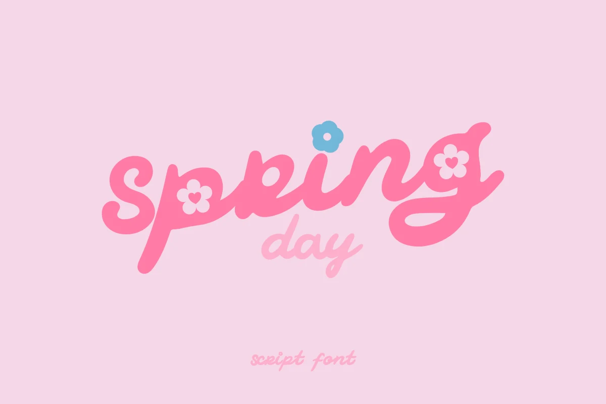 Spring Day Font in rounded connected script with bold strokes, soft terminals, and floral dot accents.