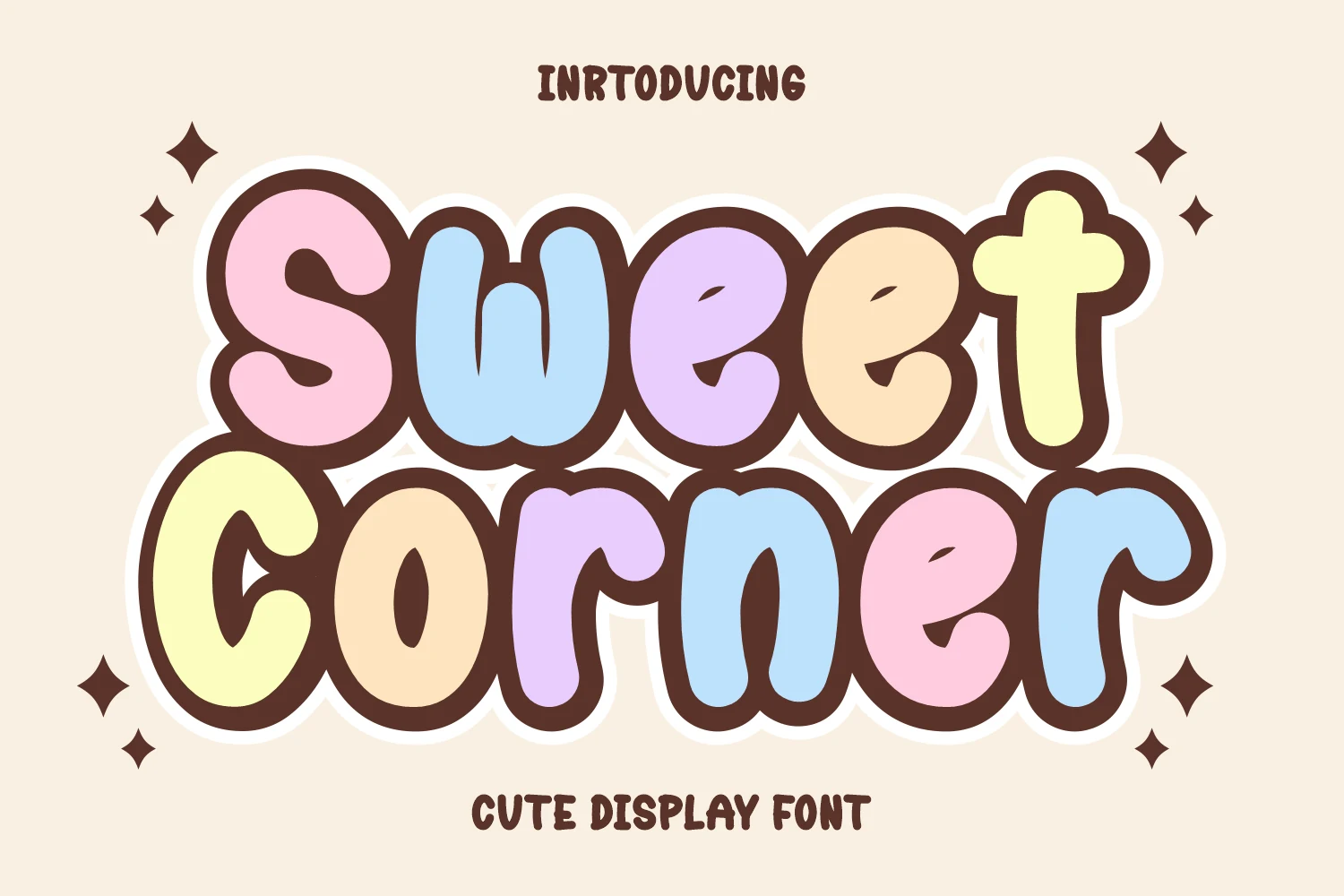 Sweet Corner Font with bubbly rounded letters, pastel fills, and thick dark outlines
