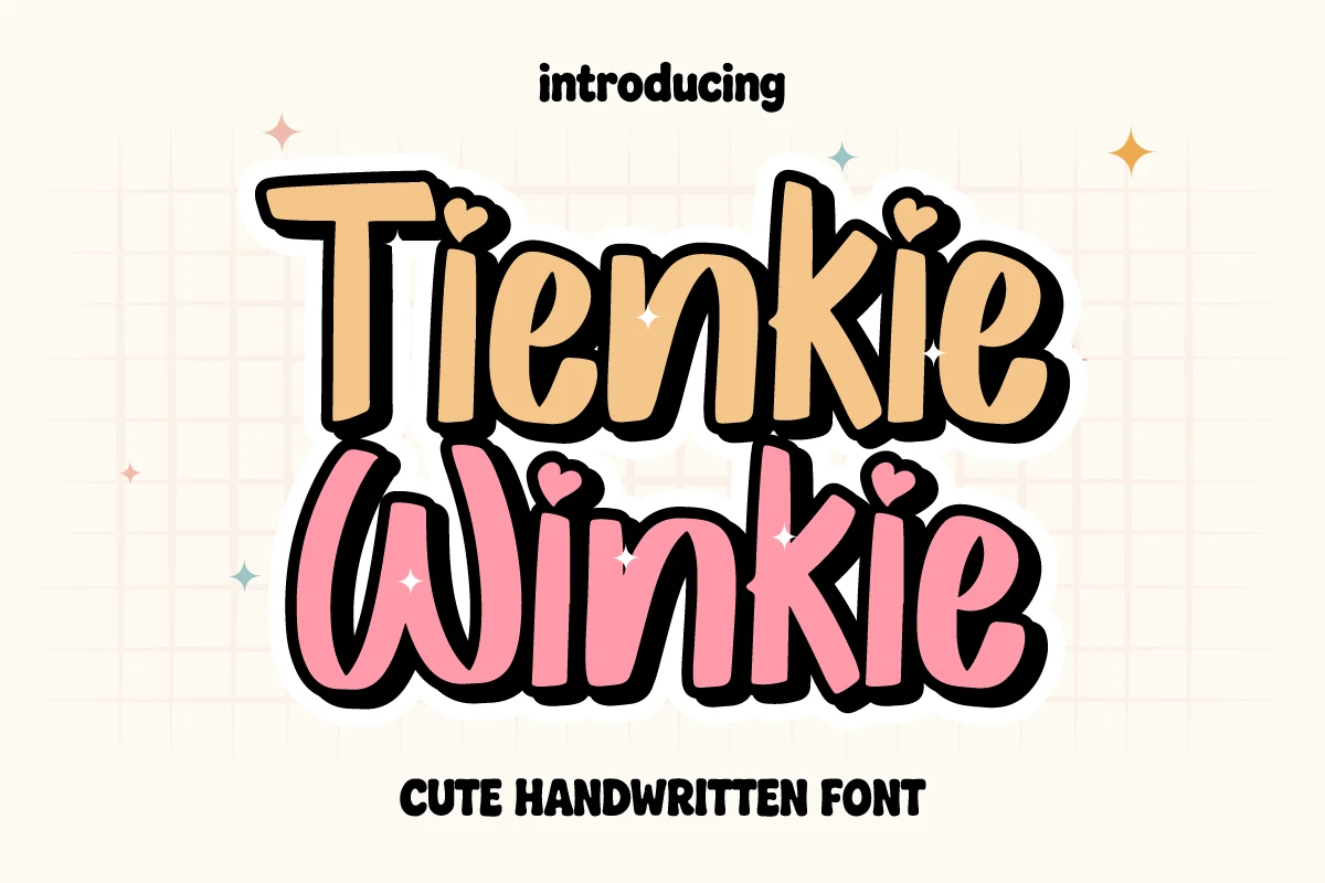 Tienkie Winkie Font preview showing bold rounded handwritten letters with soft terminals and heart-shaped dot accents.