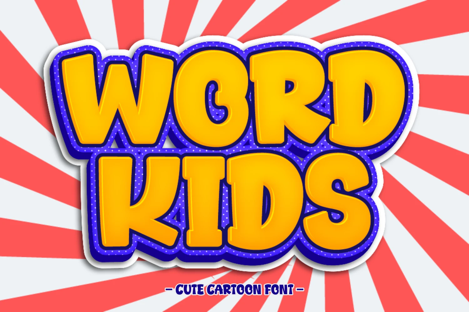 Word Kids Font in bold, rounded cartoon lettering with a 3D shadow and patterned purple outline.