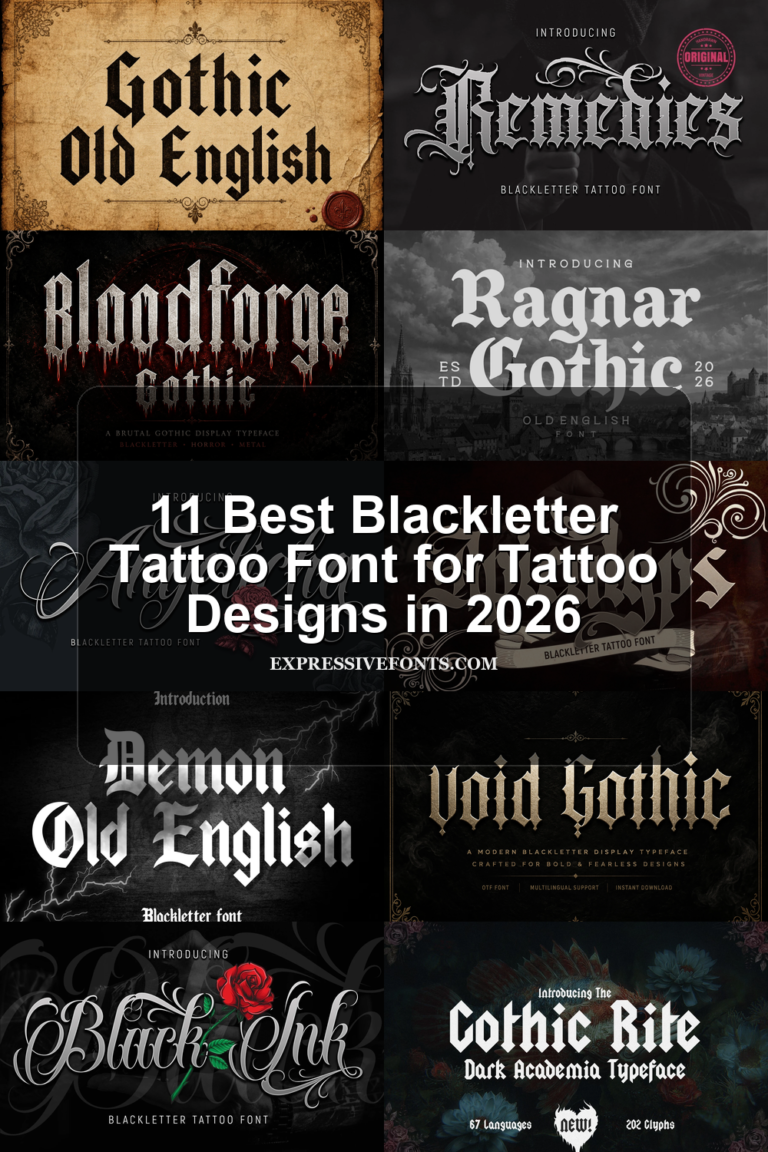 11 Best Blackletter Tattoo Font for Tattoo Designs in 2026 article preview collage featuring 10 font examples.