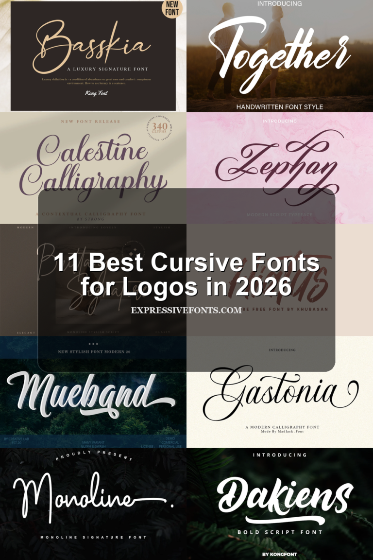 11 Best Сursive Fonts for Logos in 2026 article preview collage featuring 10 font examples.