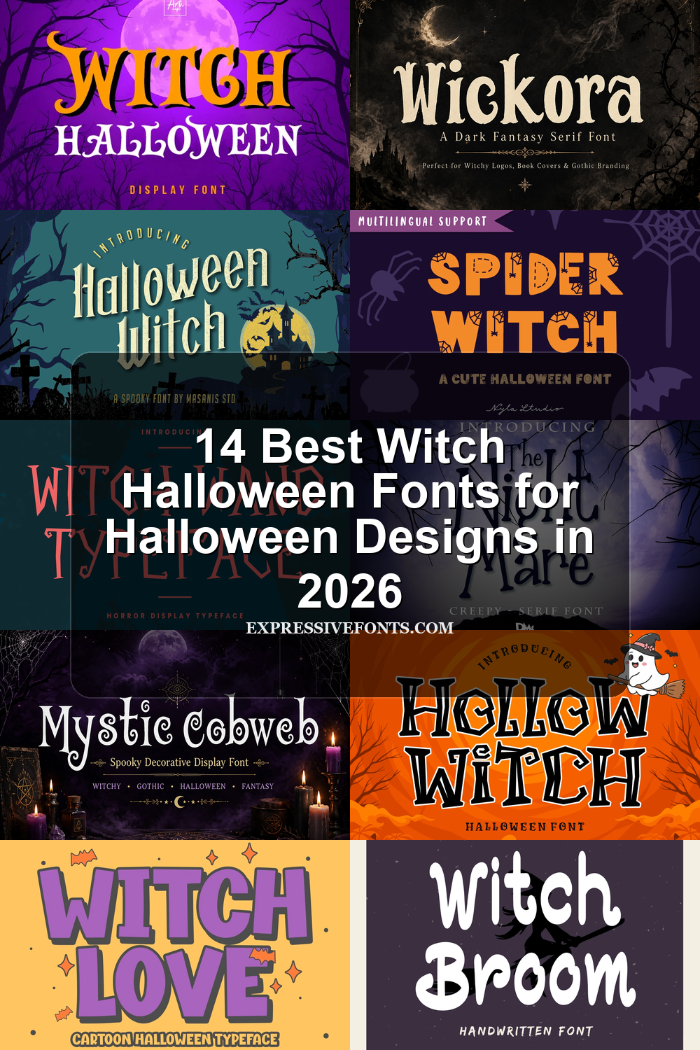 14 Best Witch Halloween Fonts for Halloween Designs in 2026 article preview collage featuring 10 font examples.